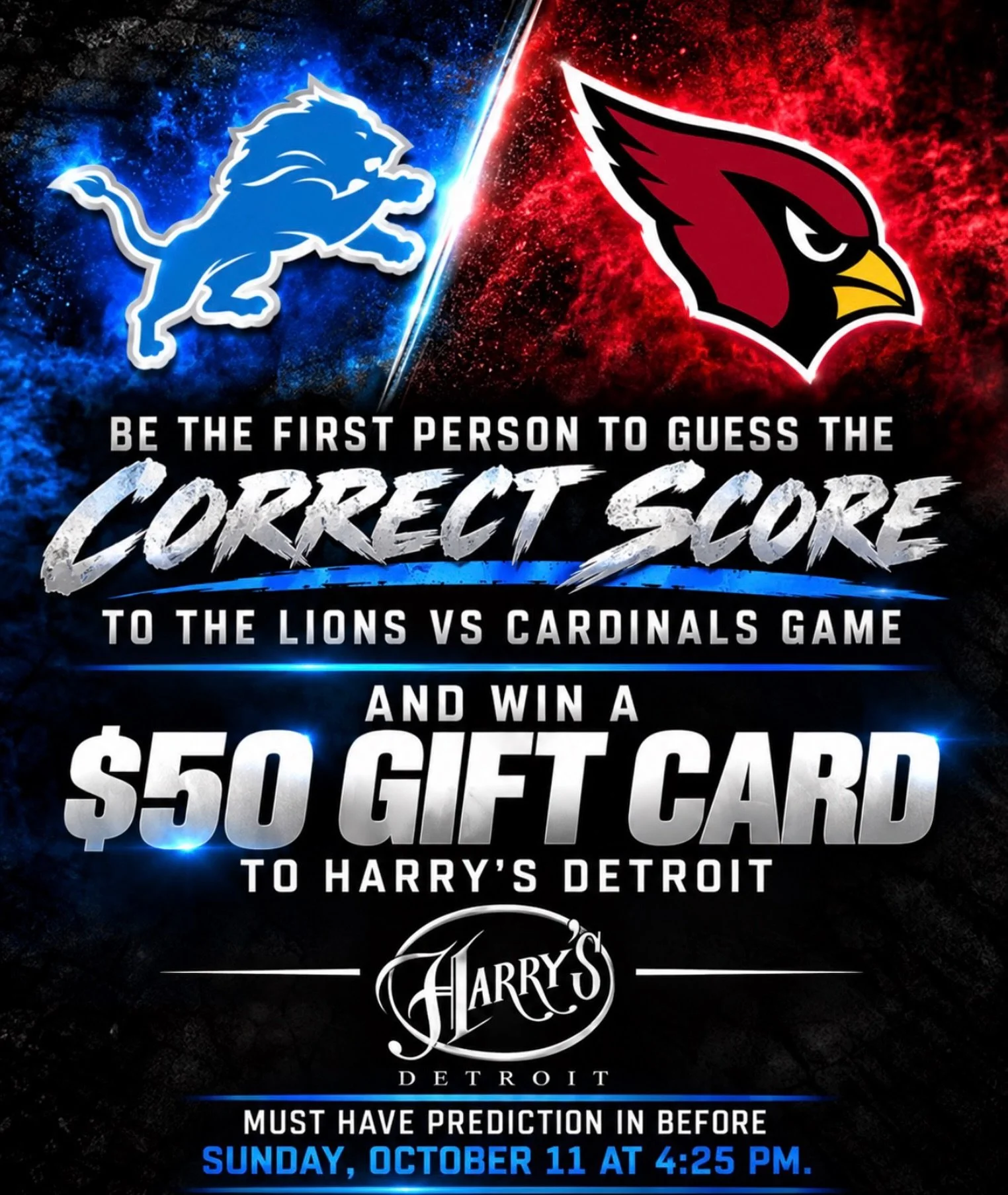 GIVEAWAY TIME! 🏈

You&rsquo;ve got all week to lock in your prediction!

Think you know how Lions vs. Cardinals ends this Sunday? Head over to our Facebook page and drop your final score prediction for a chance to win a $50 Harry&rsquo;s Detroit gif