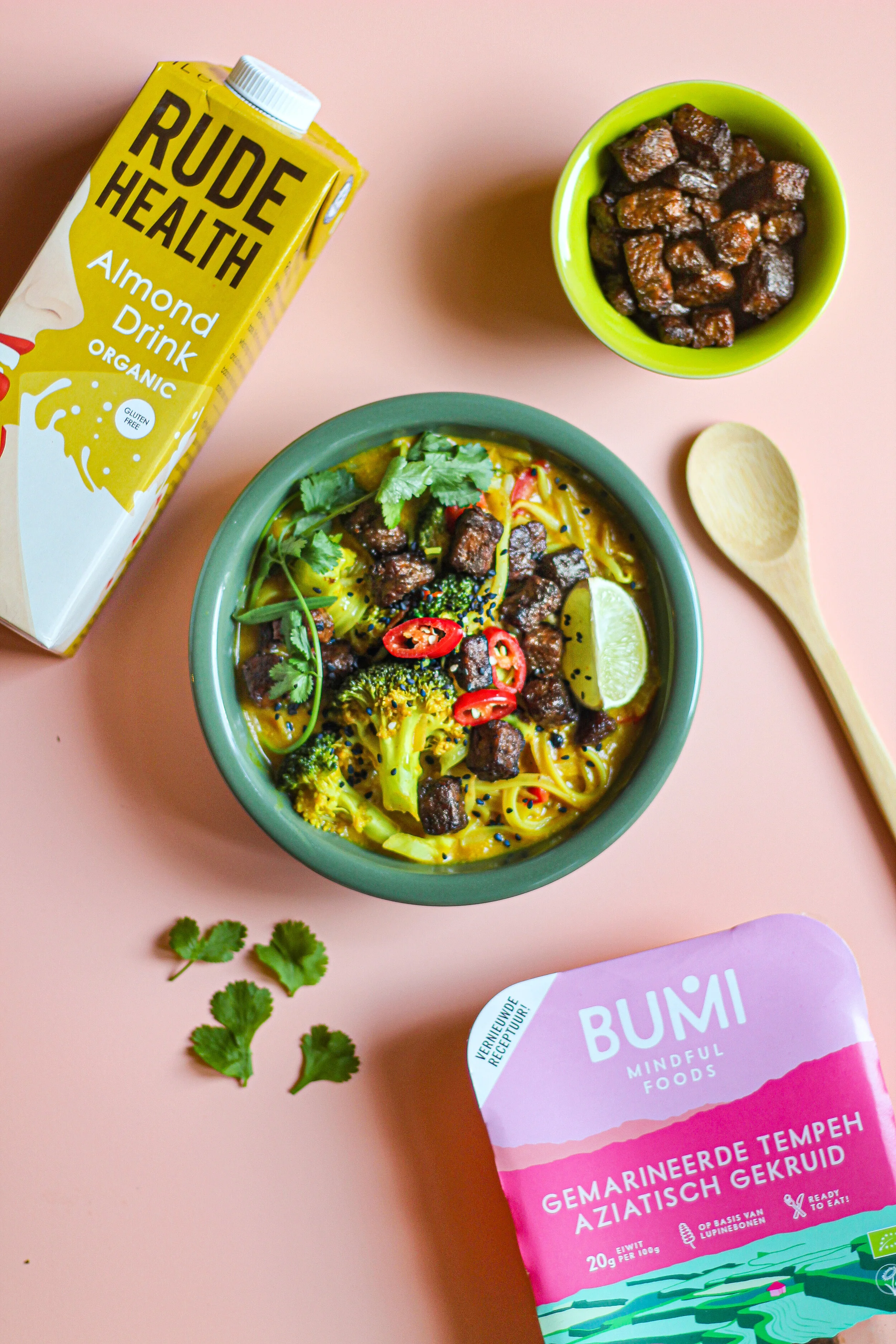 Yellow curry with BUMI Asian Tempeh & Rude Health Almond Drink