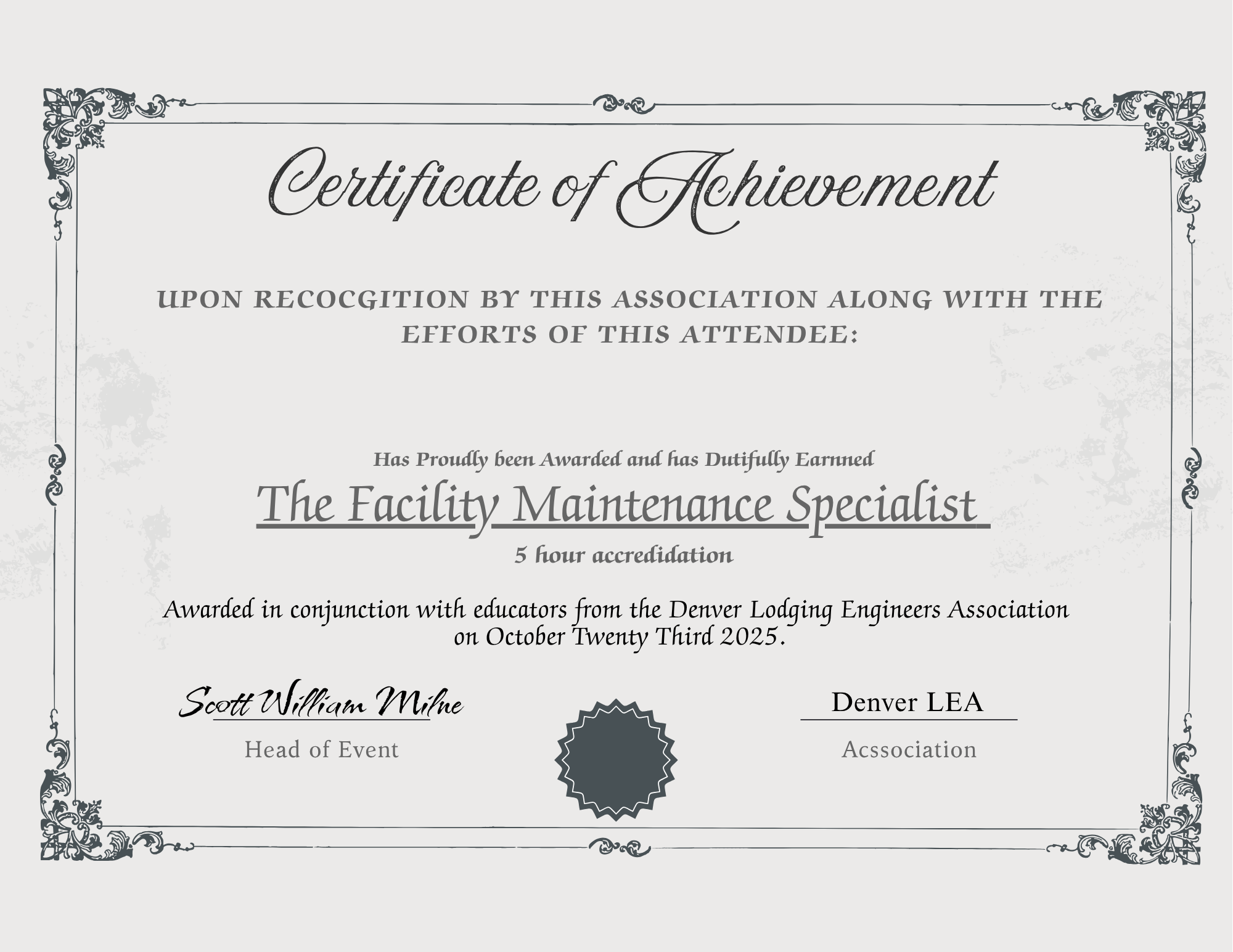 A formal certificate with ornate borders and text recognizing an achievement in facility maintenance training, awarded to Scott William Milne by the Denver Lodging Engineers Association.