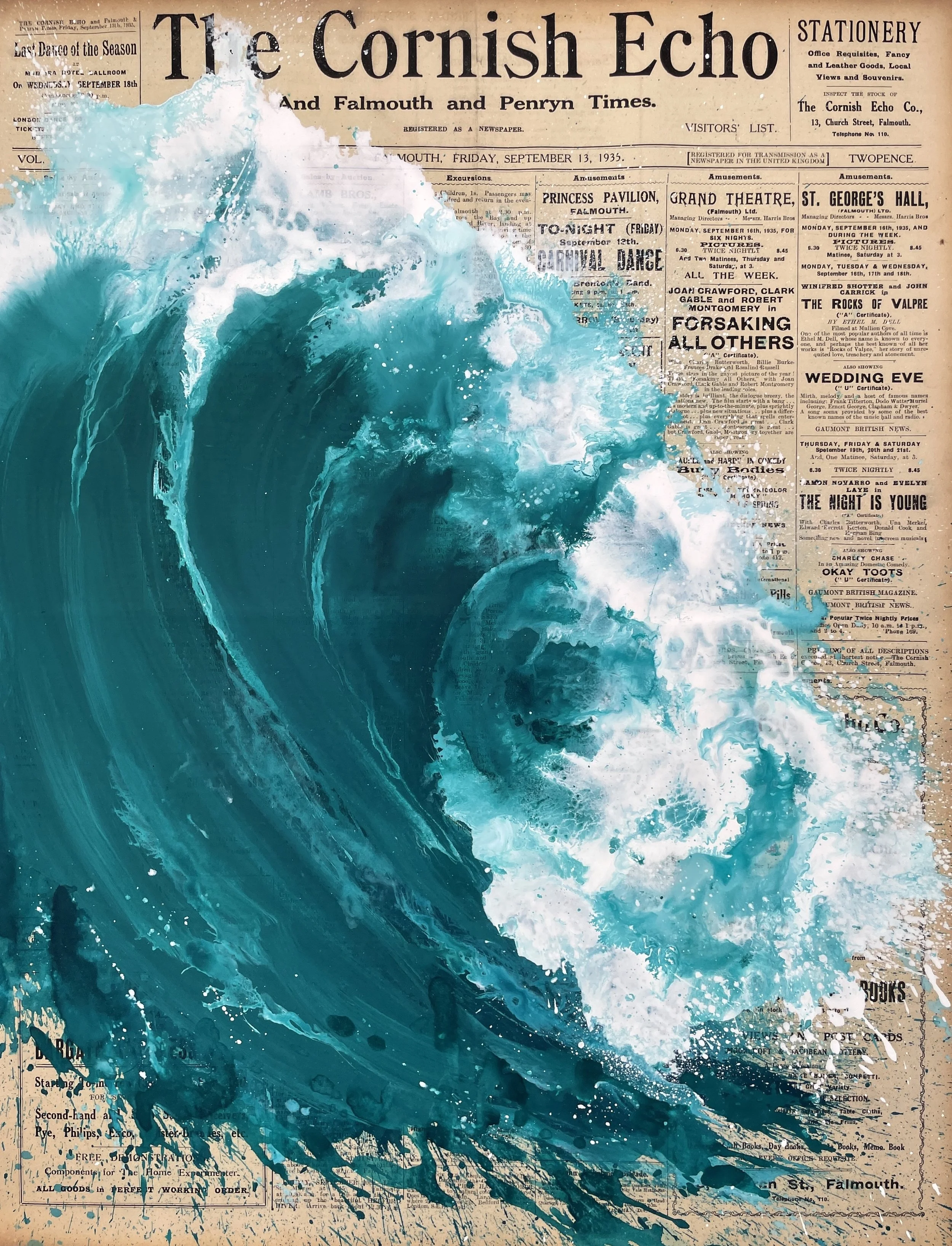 Racing The White Horses 60x50cm Acrylic, Ink & Mixed Media on Authentic Vintage 1930's Cornish Echo Newspaper Front Page .jpeg