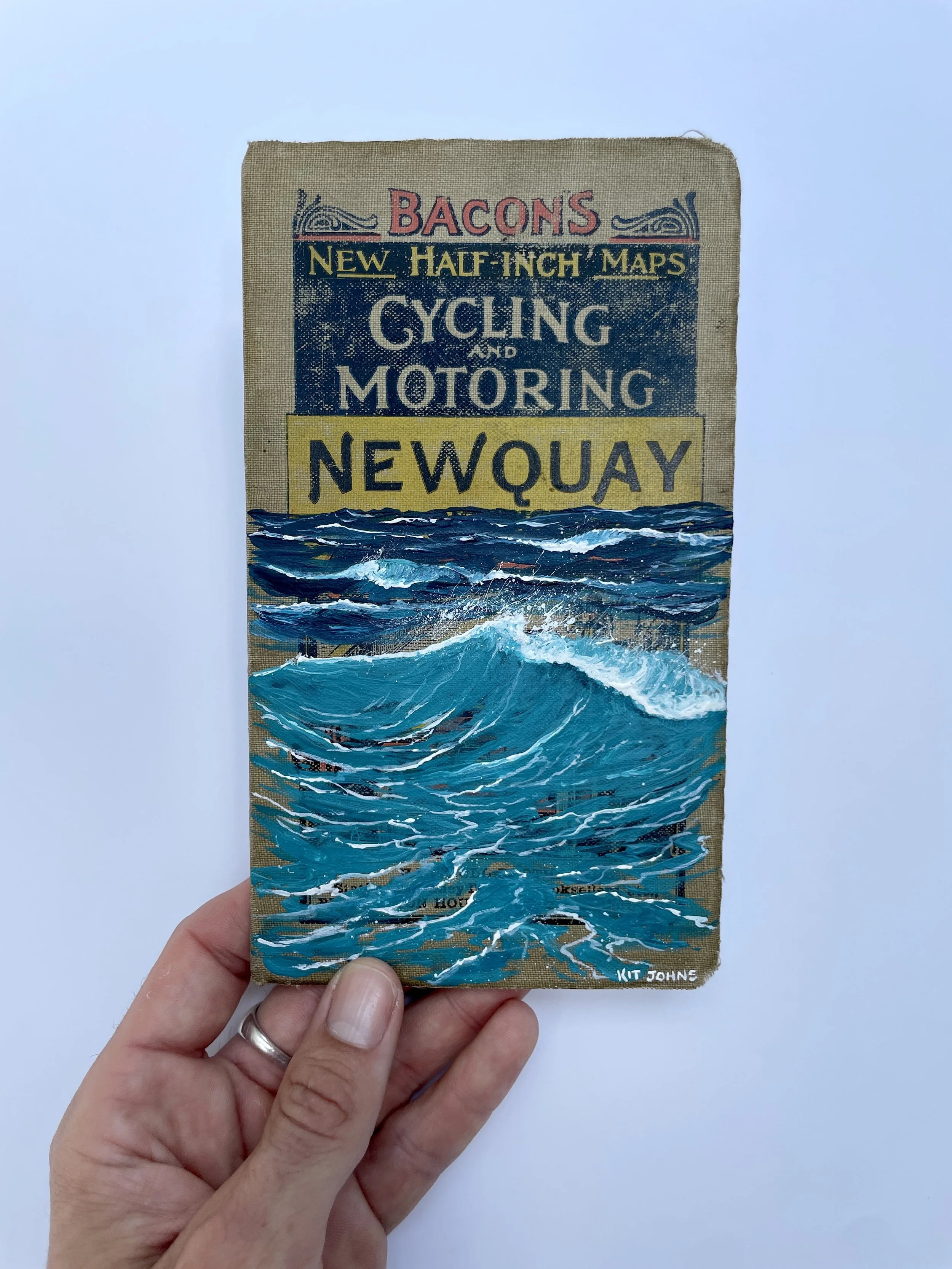 Newquay Waves, Acrylic on Authentic Vintage Map Cover .jpg