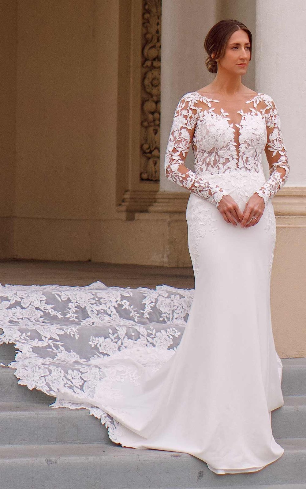 all lace wedding dress with sleeves Off-White Long White Lace Wedding Dress with Sleeves Off White Nude / 16