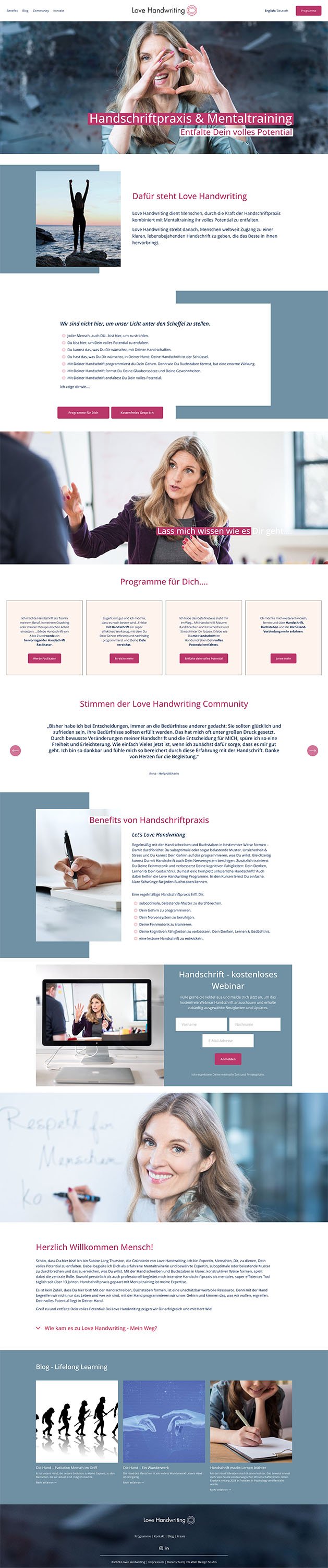 Startseite einer Website für Love Handwriting, mit einem Bannerbild einer Frau, die eine Handzeichen macht, und Text über Handgeschriebene Praxis und Mentales Training. Es gibt Abschnitte über die Bedeutung von Handgeschriebenheit, Programme, Gemeinschaftsmeinungen, Vorteile einer Hand Schreibpraxis, ein kostenloses Webinar, eine Willkommensnachricht, und einen Blogbereich.