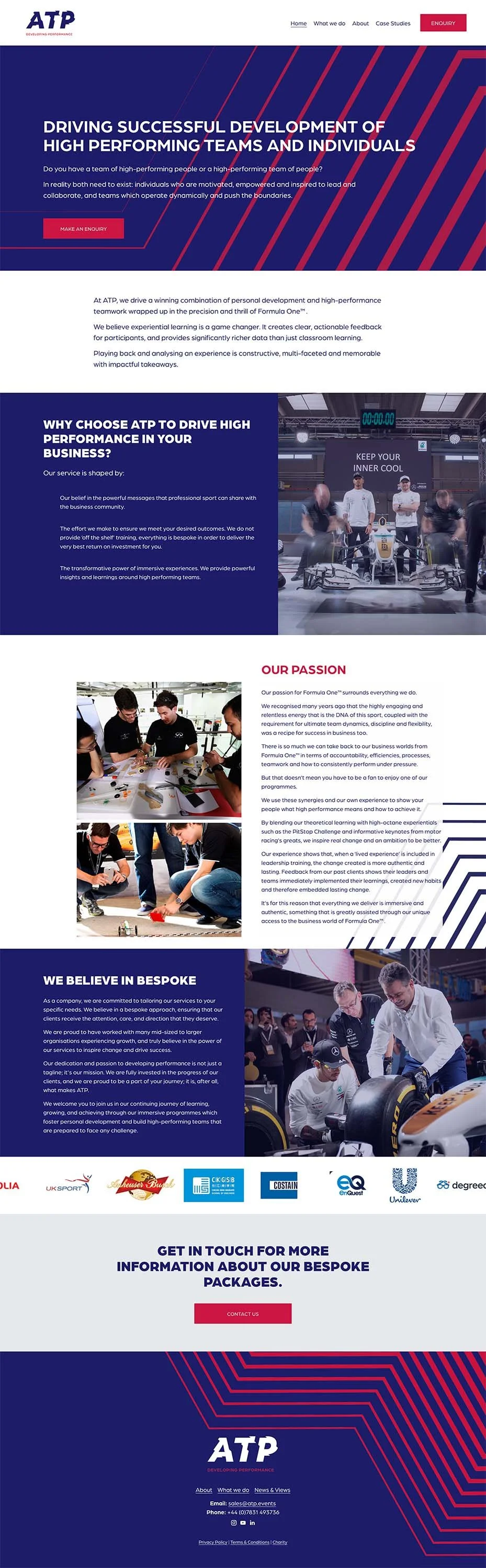 Webseite von ATP mit Informationen über Teamentwicklung, persönliches Wachstum und individuelle Leistungssteigerung im Sport- und Unternehmenskontext, inklusive Bilder von Menschen bei Teamaktivitäten und einem Rennfahrzeug im Labor.