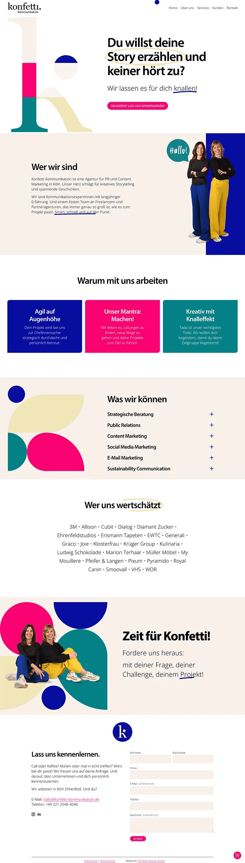 Webseite von Konfetti Kommunikation mit Informationen über das Unternehmen, angebotene Dienstleistungen, Teamvorstellung und Kontaktformular.
