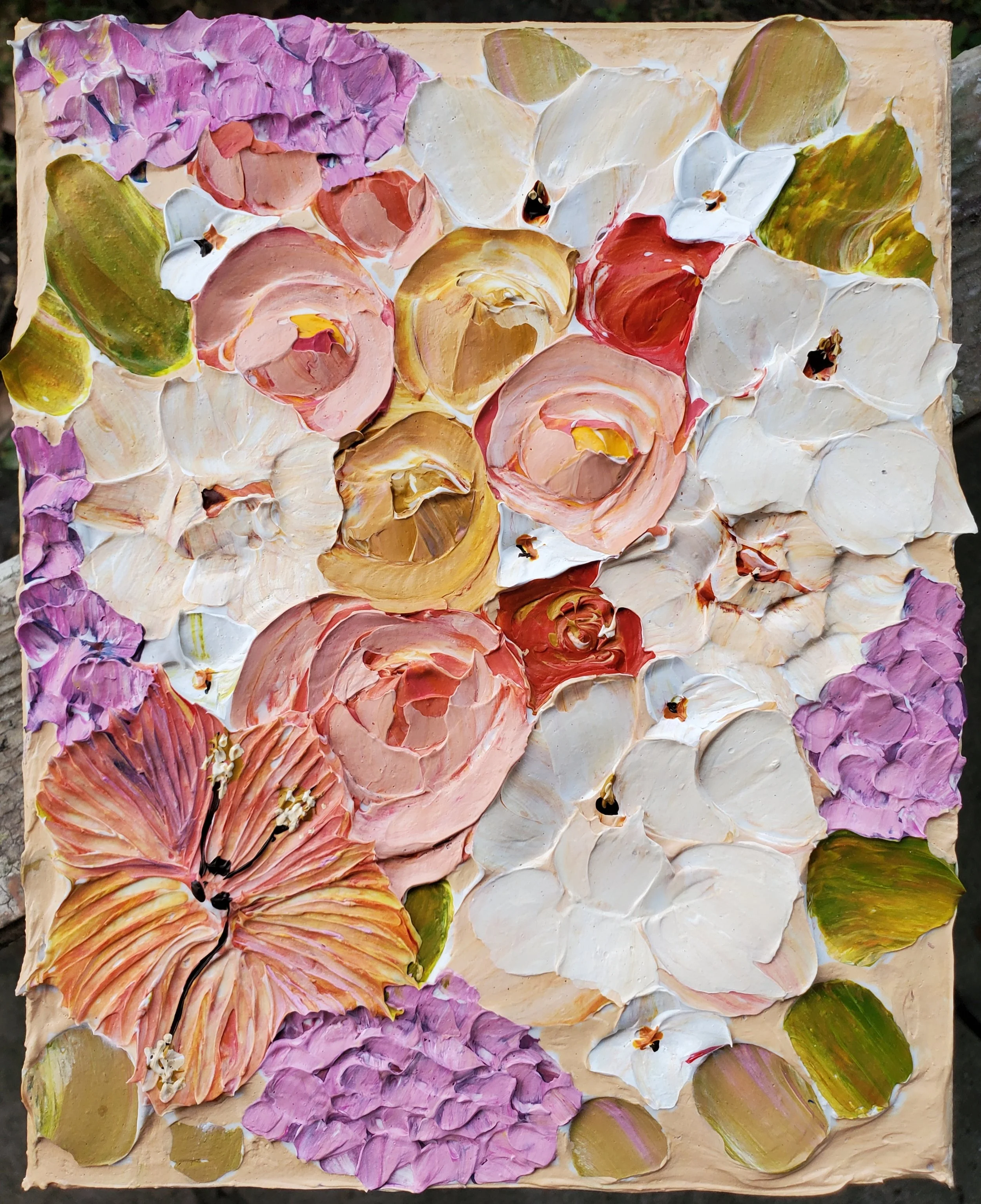 (8x10 Inch) Day Dreamer- Heavy Texture Sculpted Floral Artwork on Gallery Wrapped Canvas