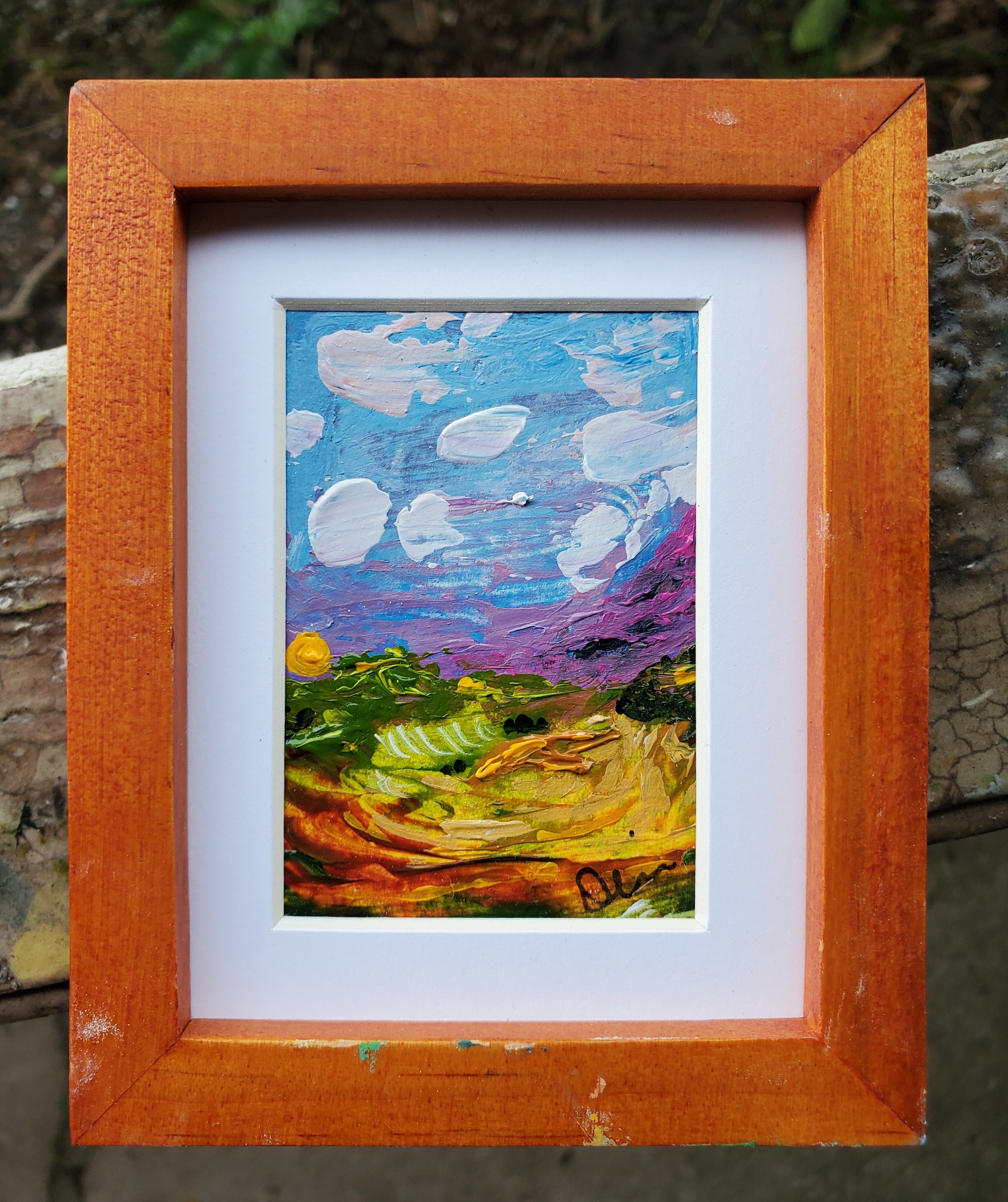 Petite Landscape Painting in Reclaimed  4x5 Inch Frame