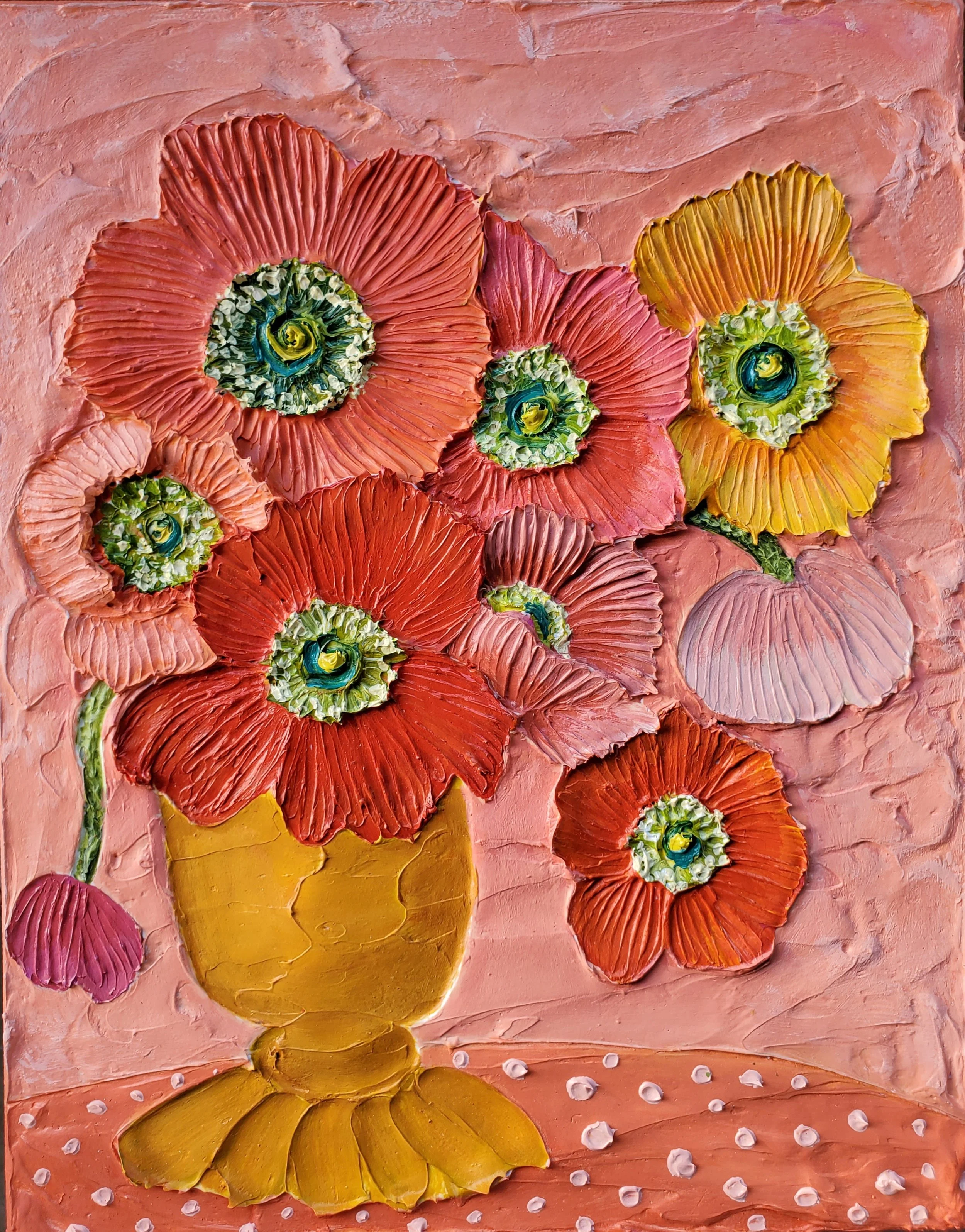 (11x14 Inch) Joyful Explosion- Heavy Texture Sculpted Floral Artwork on Gallery Wrapped Canvas