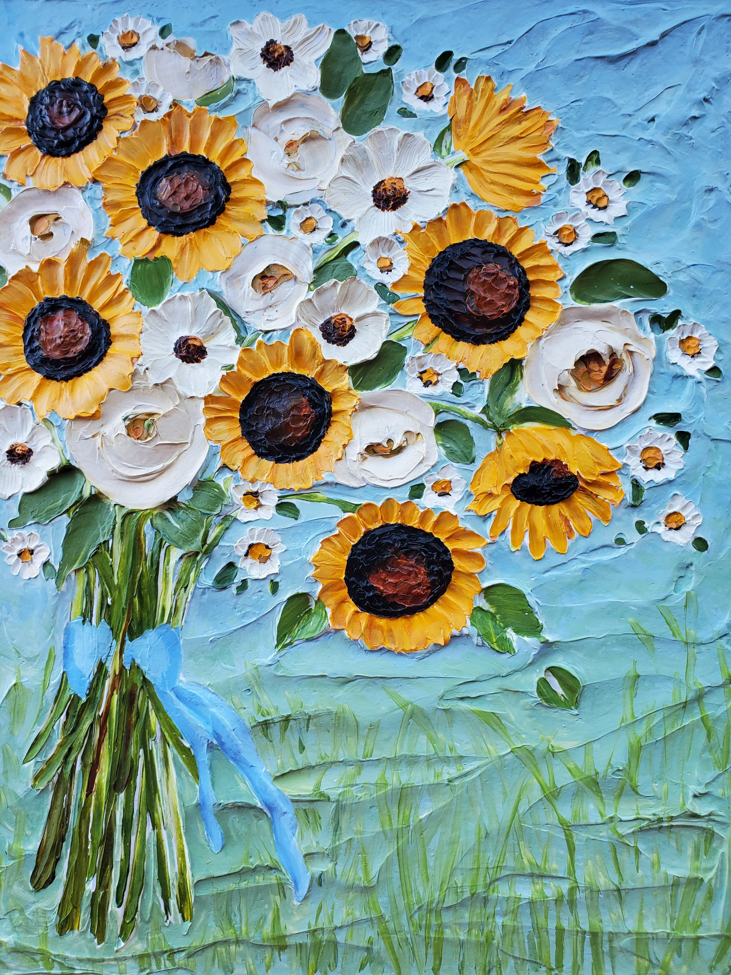 (16x20 Inch) Be The Sunshine- Heavy Texture Sculpted Floral Artwork on Gallery Wrapped Canvas