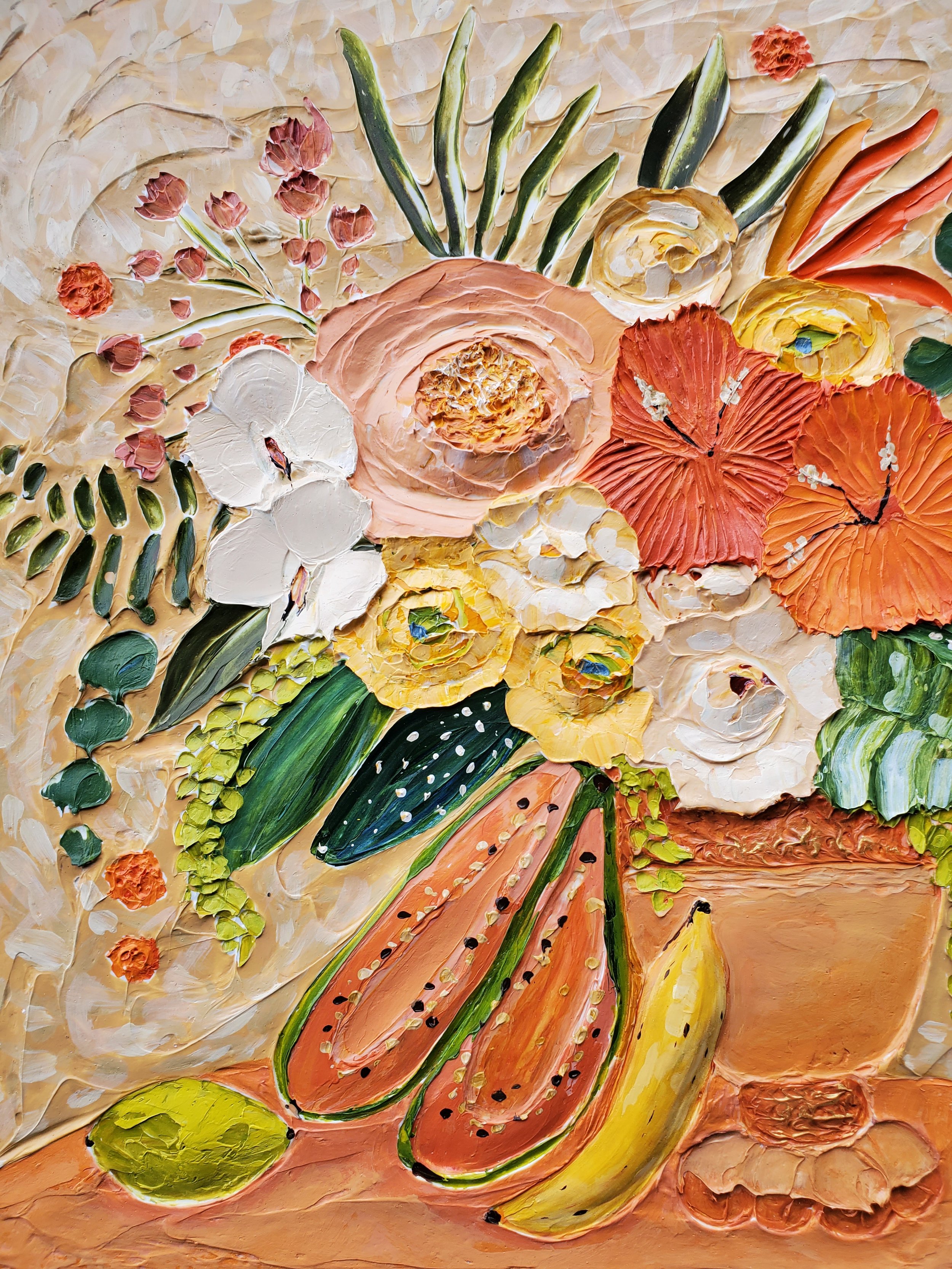 (16x20 Inch) Bailaora- Heavy Texture Sculpted Floral Artwork on Gallery Wrapped Canvas