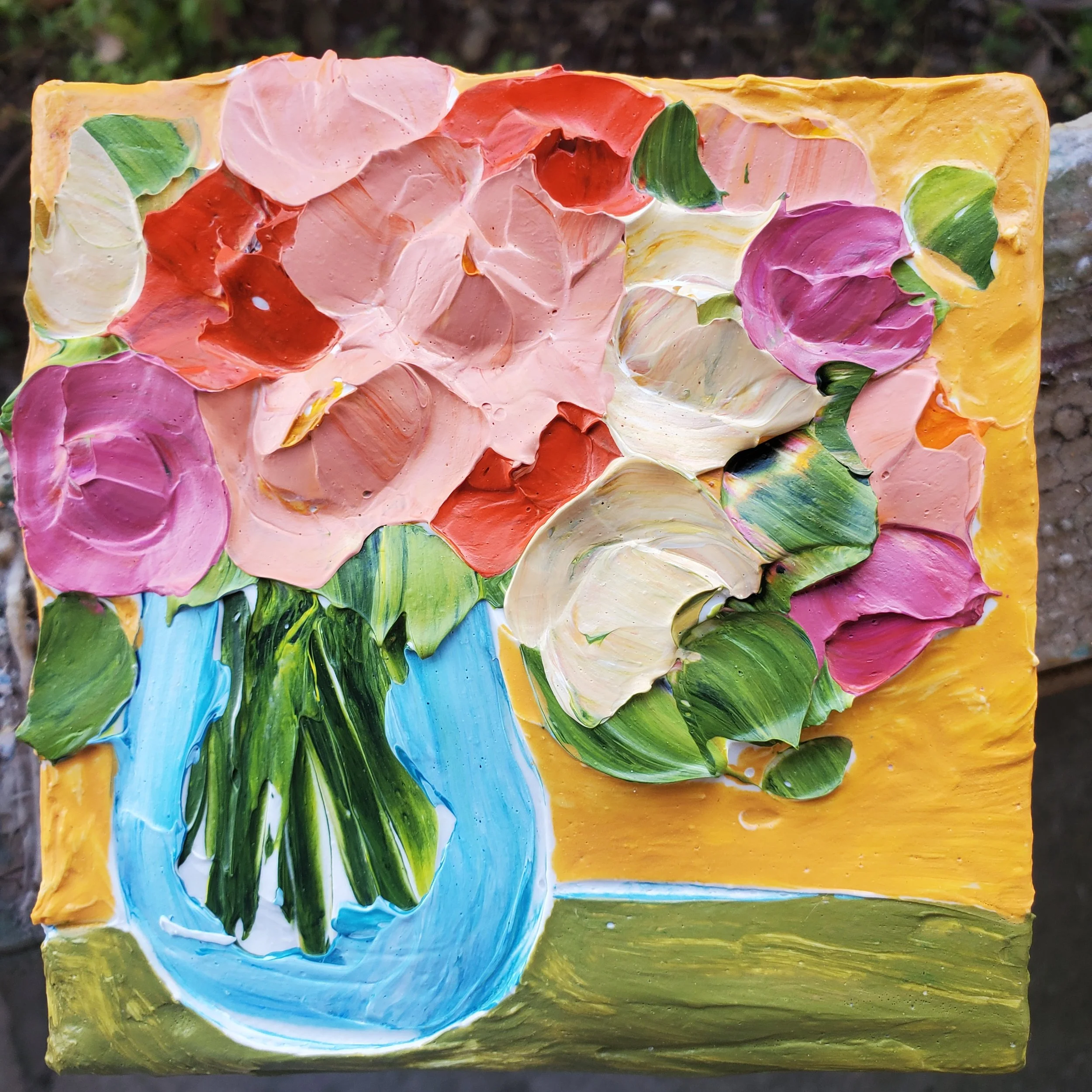 (5x5 Inch) Rainbow Roses in Vase- Lil Chunky Artwork