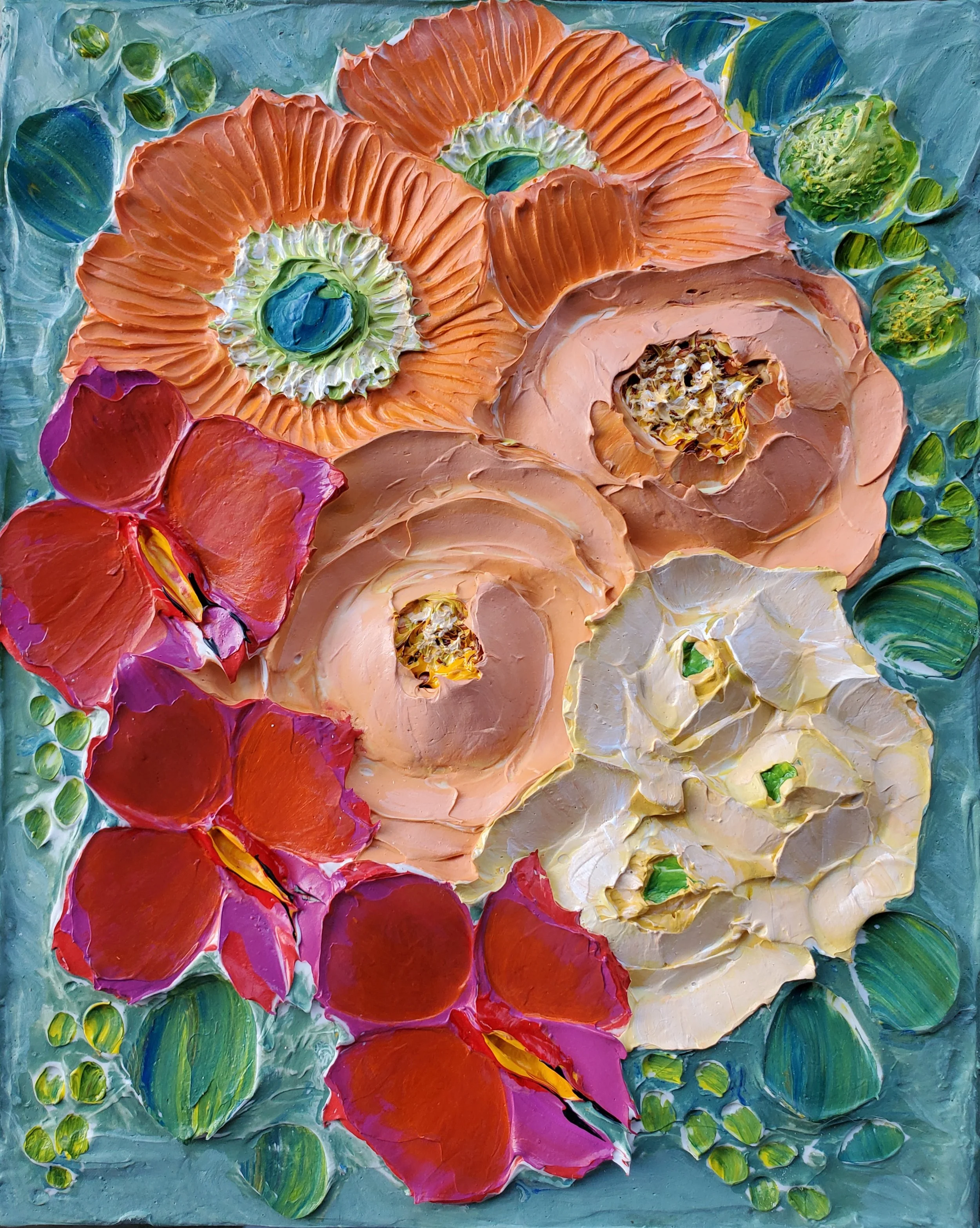 (8x10 Inch) Love Enthusiastically- Heavy Texture Sculpted Floral Artwork on Gallery Wrapped Canvas