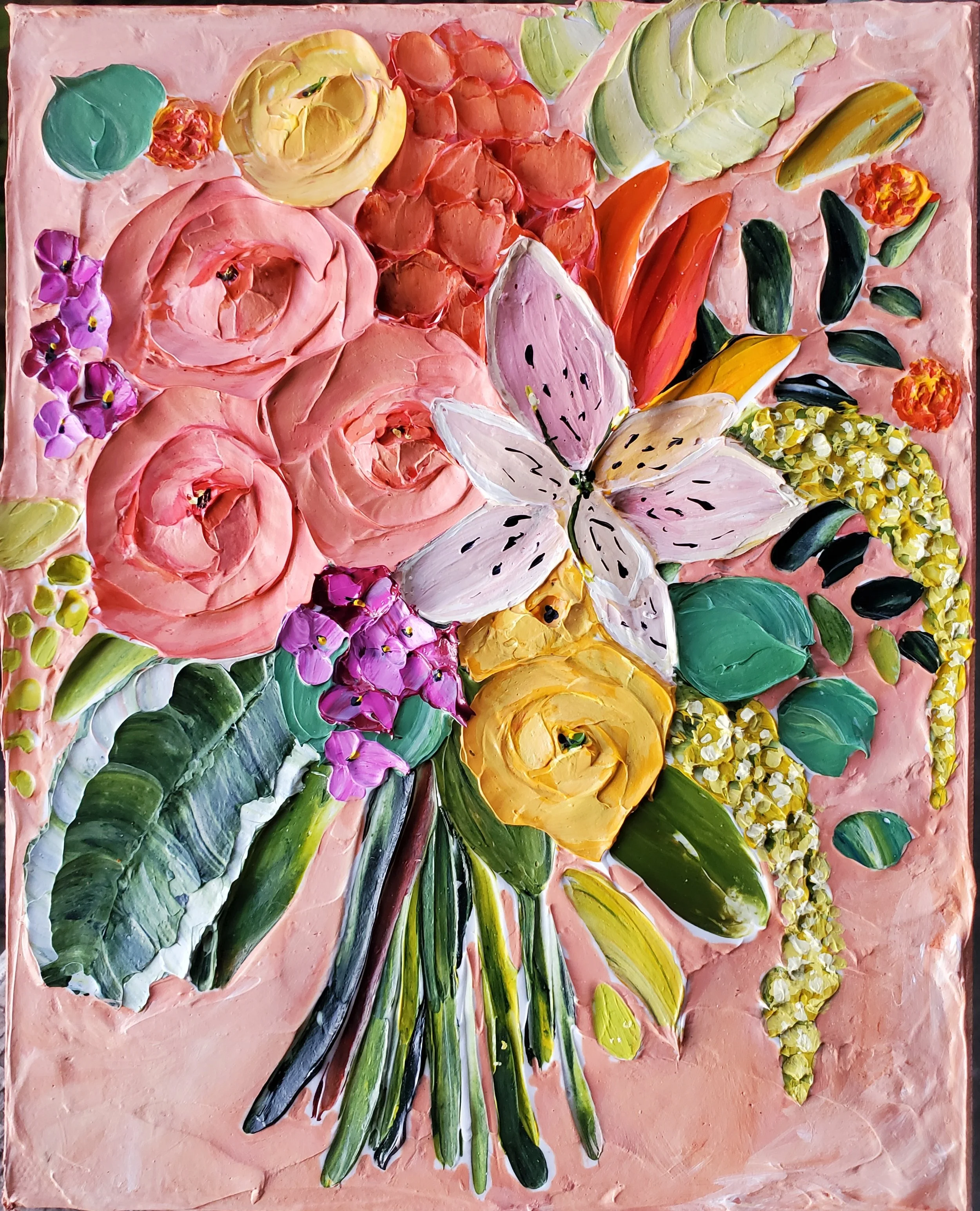 (8x10 Inch) Love Playfully- Heavy Textured Acrylic Floral Artwork on Gallery Wrapped Canvas