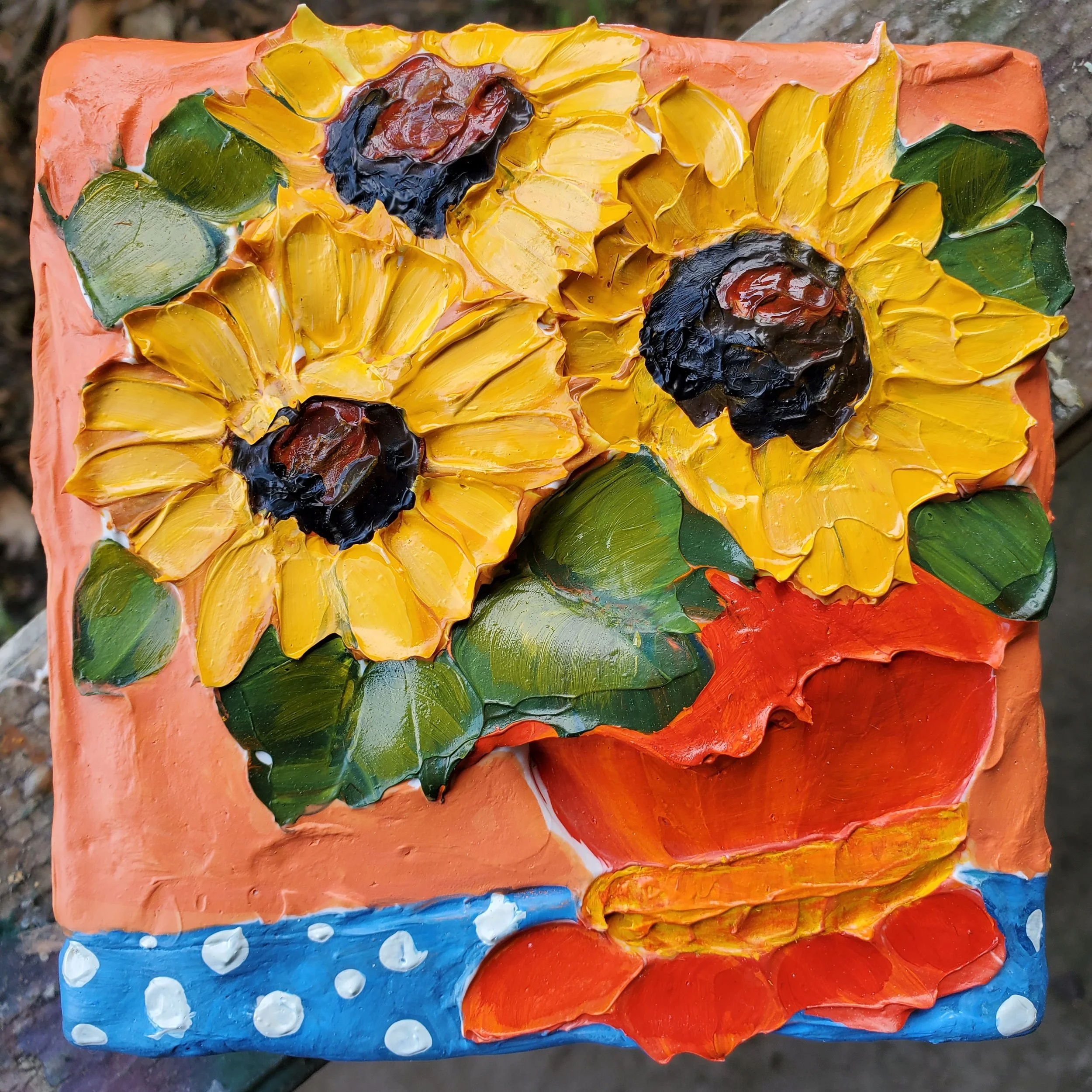 (5x5 Inch) Frida's Sunflowers in a Red Pot- Lil Chunky Artwork