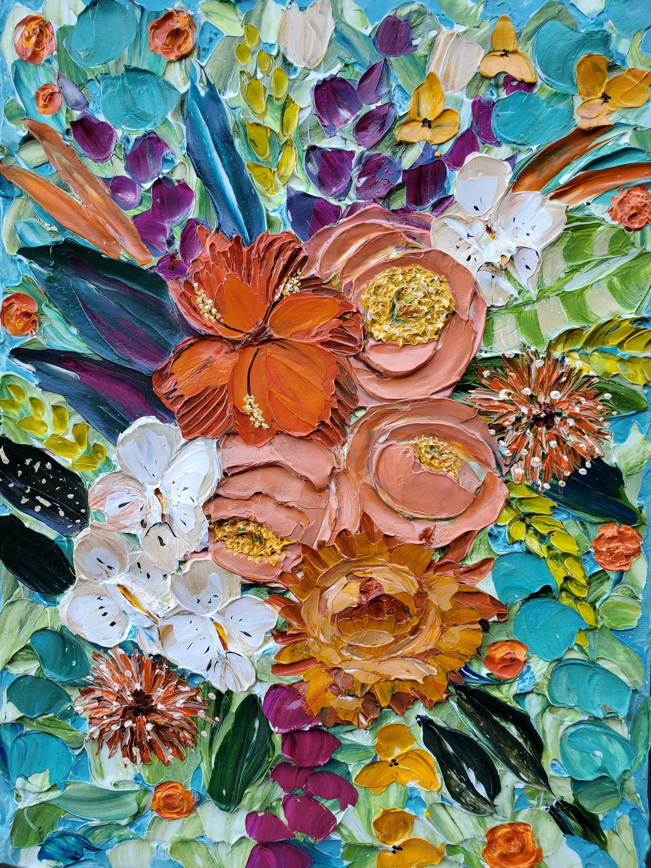 (12x16 Inch) Light Ran Wild, Within Her- Heavy Textured Acrylic Sculpted Floral on Gallery Wrapped Canvas