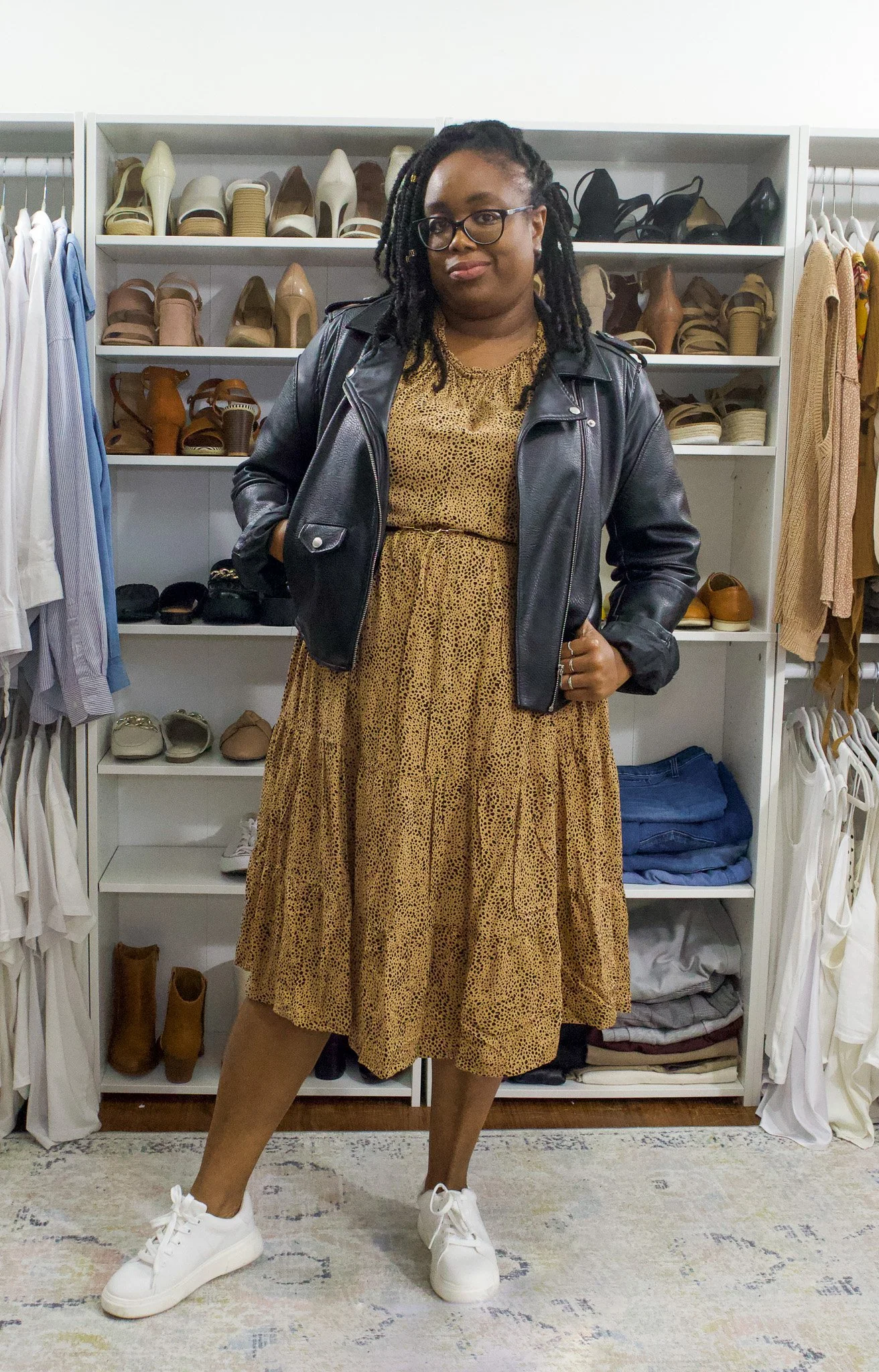 Animal Print Dress with Leather Jacket and Sneakers 