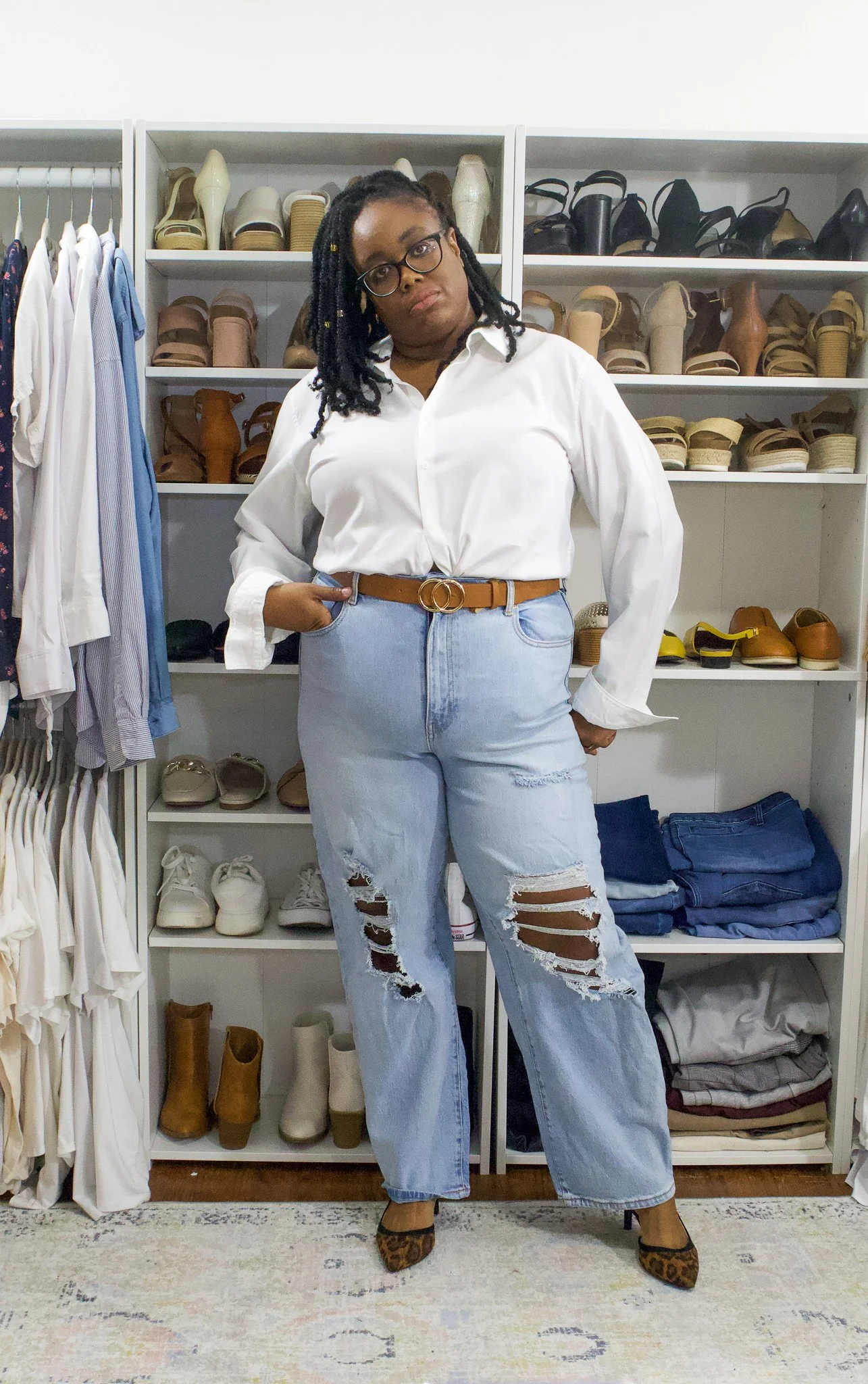 White Button Down Shirt with Baggy Jeans