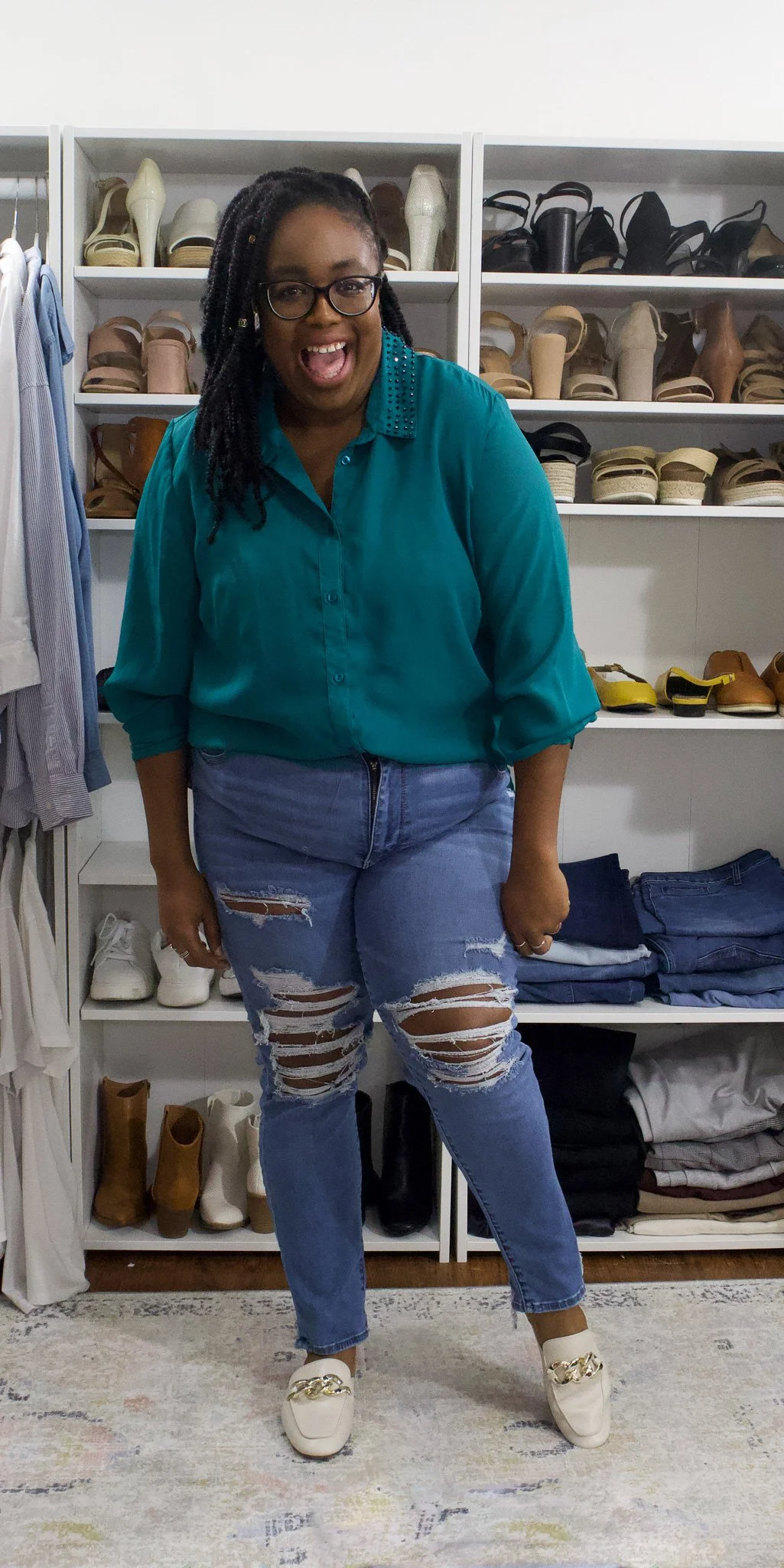 Sheer Green Blouse and Distressed Jeans 