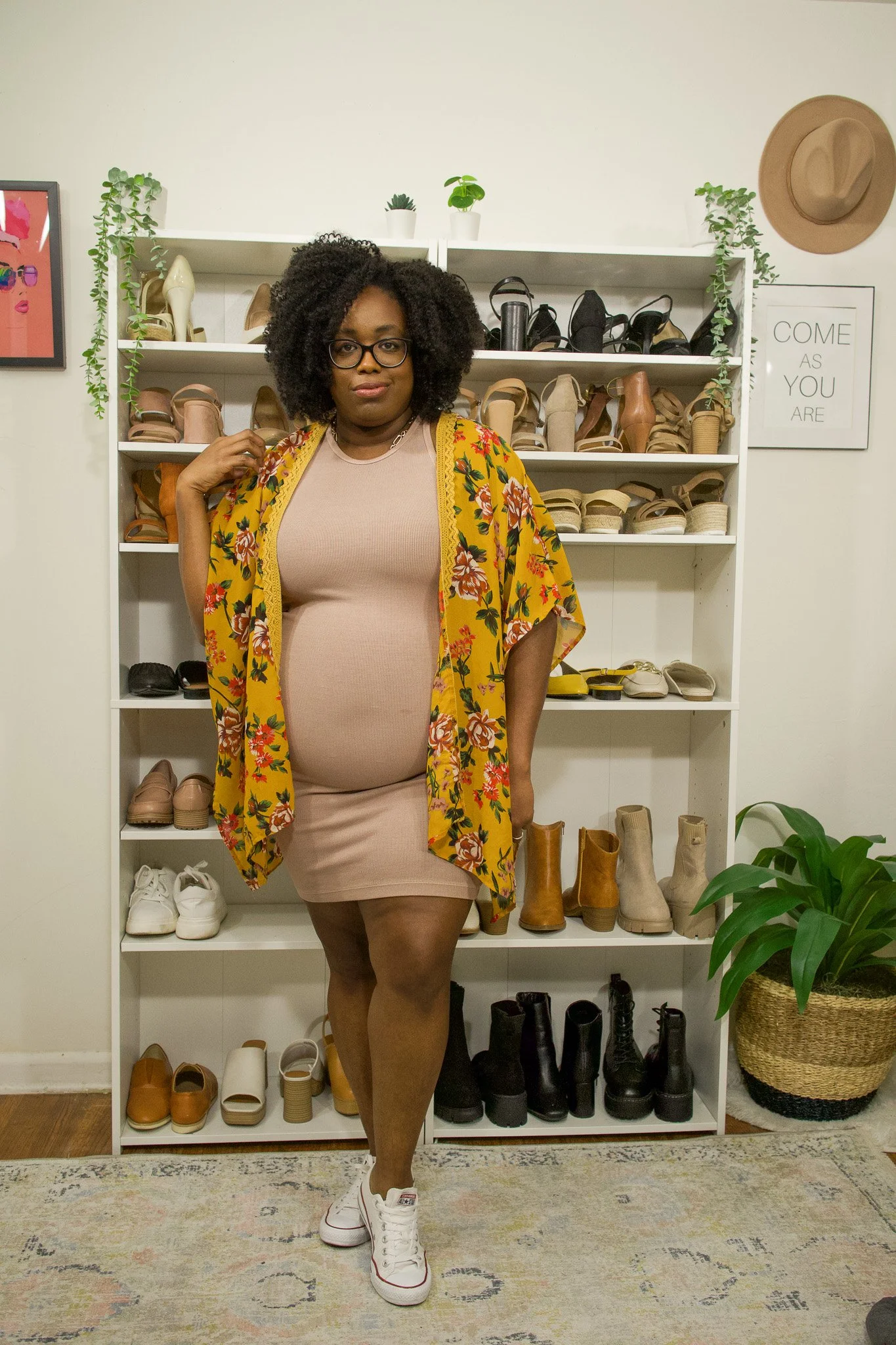 Fun and Flirty Plus Size Bodycon Dress Outfit with Floral Duster 