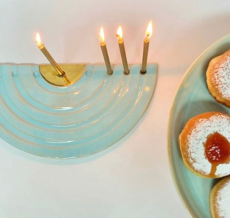 Flat Ceramic Hanukkiah Blue