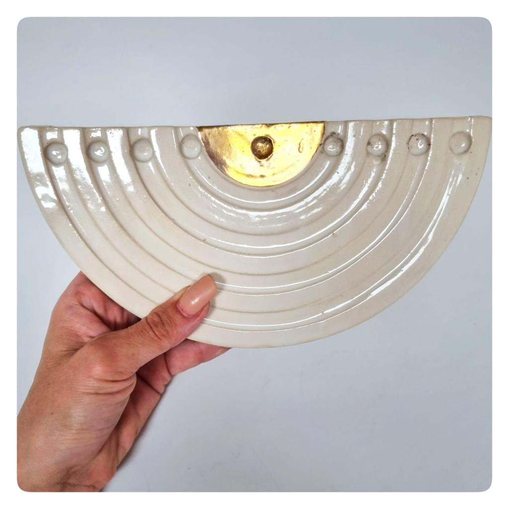 Flat Ceramic Hanukkiah White and Gold