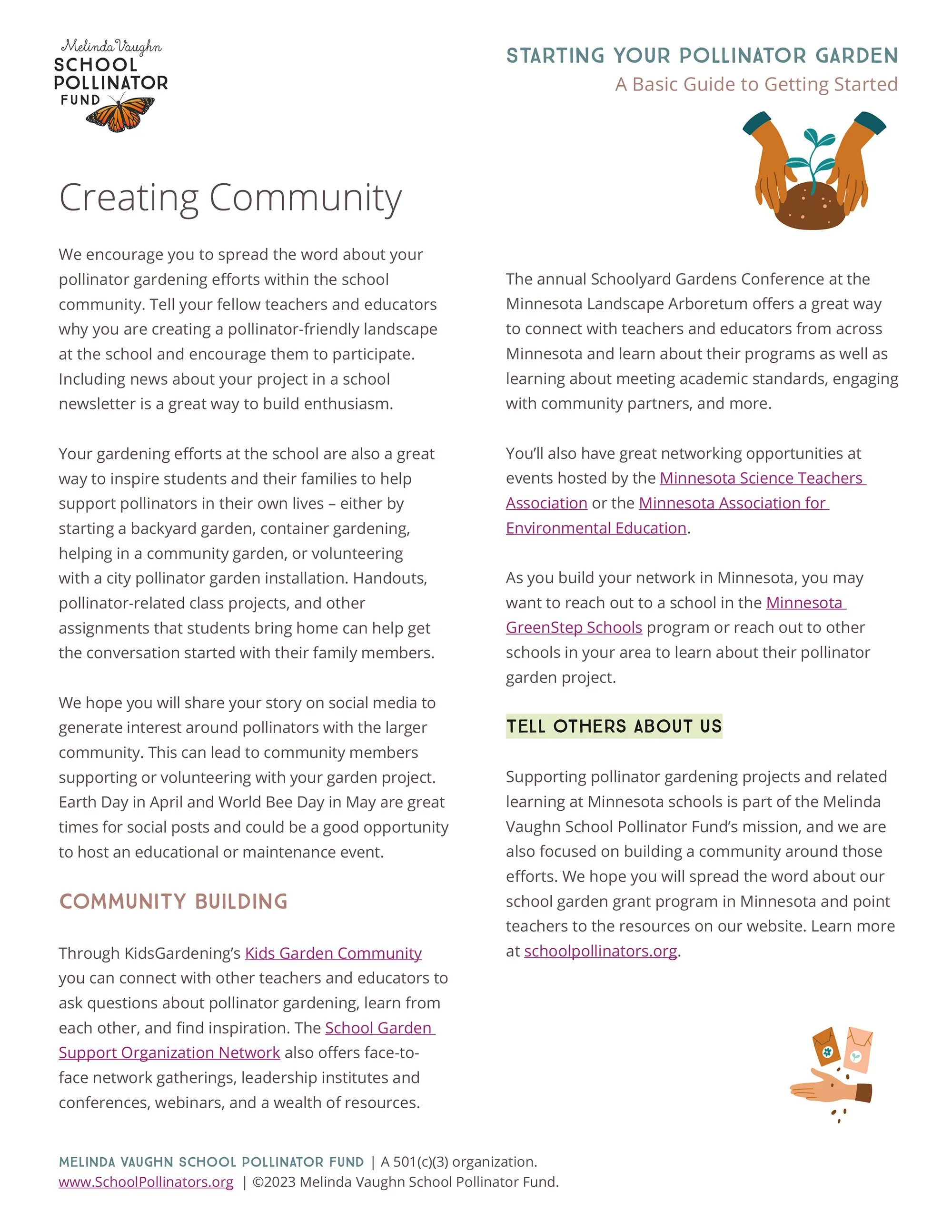 A page in the Pollinator Gardening at Your School Guide with an illustration of hands planting a seedling and information about creating community.