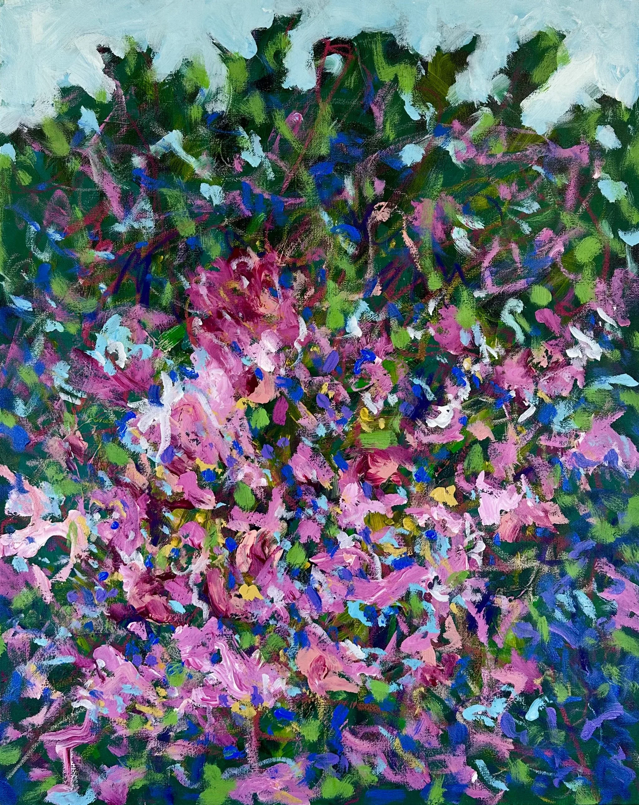 To strange, bright clouds of flowers