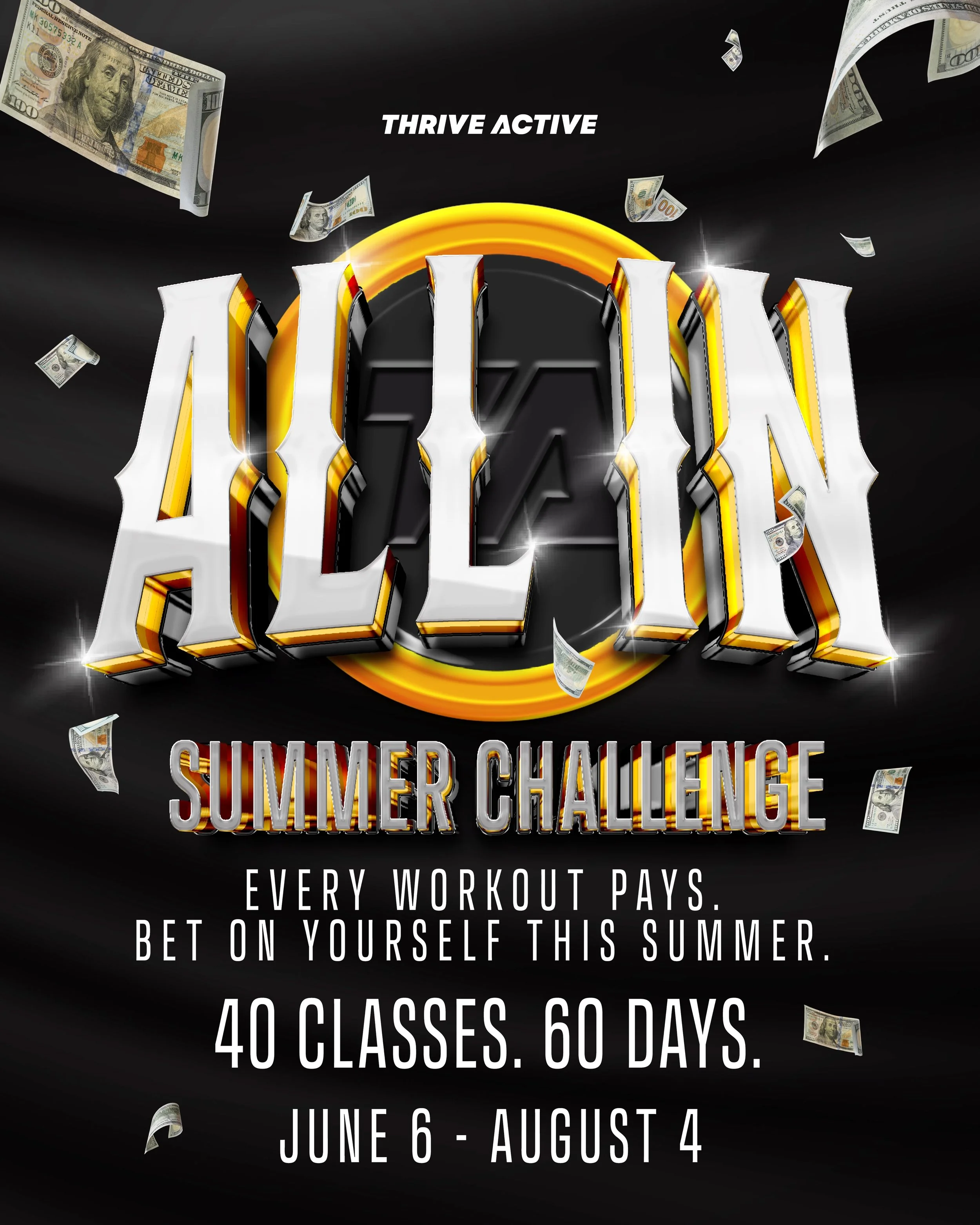THE ALL-IN CHALLENGE IS HERE 🔥

40 Classes. 60 Days.
June 6th &mdash; August 4th.

💸 Every workout pays.
Show up, spin the wheel, and earn Coach Cash after every class for prizes, merch, supplements &amp; more all summer long.

WHAT&rsquo;S INCLUDE