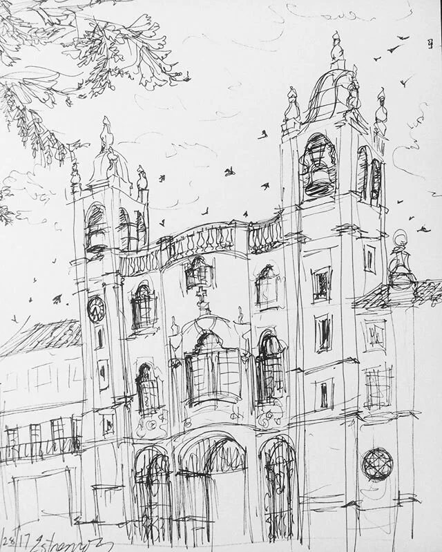 The Convent of Nossa Senhora da Concei&ccedil;&atilde;o dos Congregados in #Estremoz, #Portugal with #jacaranda #tree, #birds, and #clouds.  #pen #drawing #urbansketchersportugal #architecture #ink