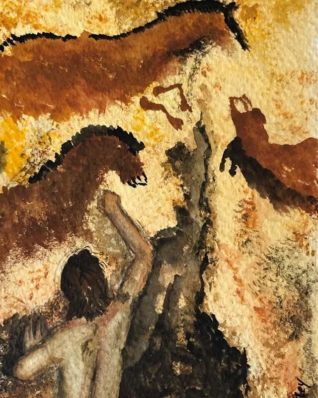 A little virtual time (and space) travel. #watercolor #caveart #cavepainting #paleoart #lascaux #horses #animalpaintings #portraitoftheartist #lockdowntraveldreams @lascauxofficiel