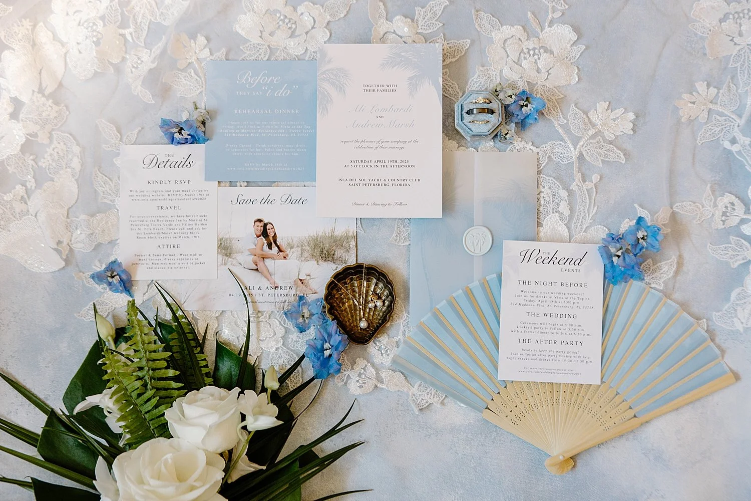 blue and white invitation suite for big day at Isla Del Sol Yacht and Country Club