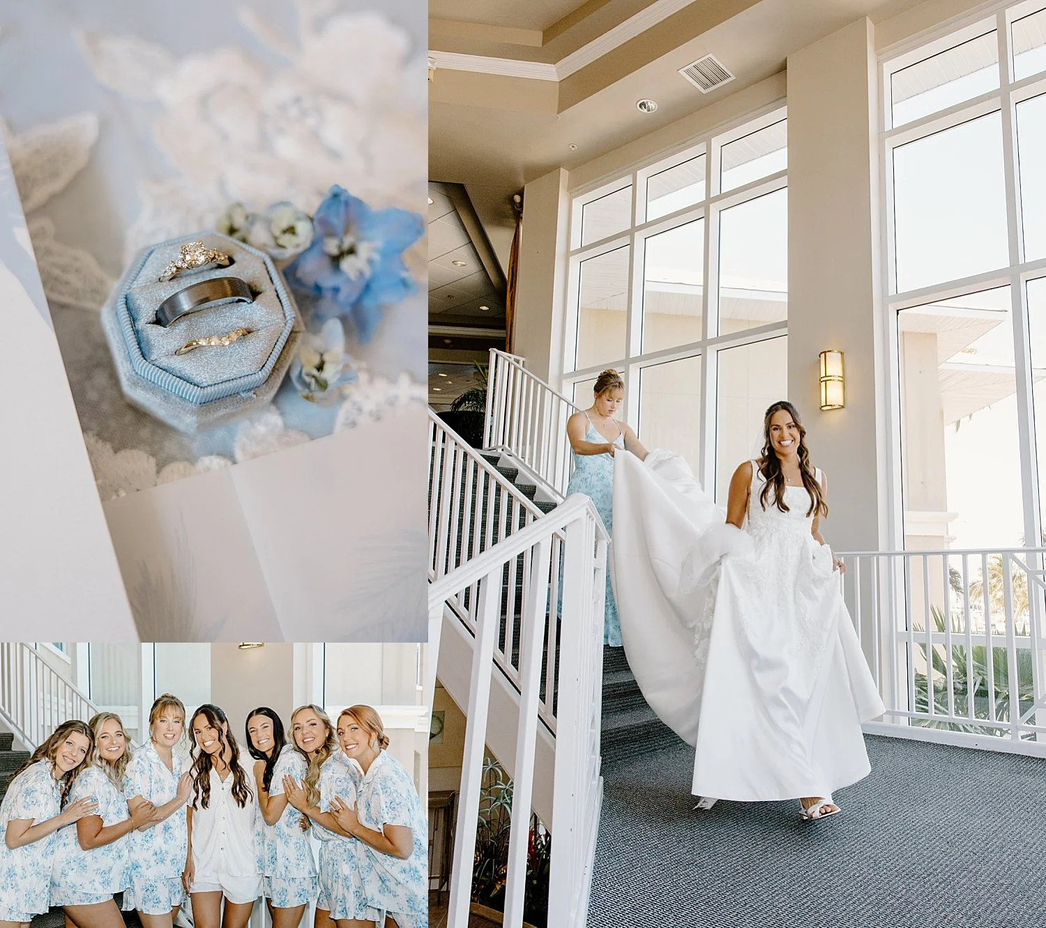 woman gets ready for her big day with bridesmaids in blue by Florida Wedding Photographer