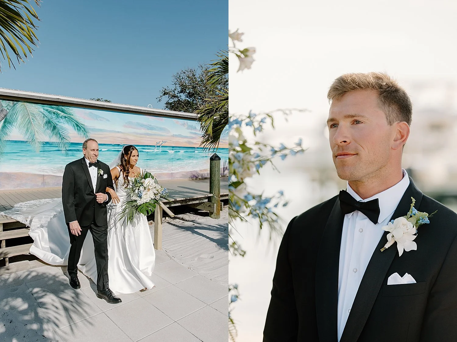 woman walks down outdoor aisle with father towards fiance at Isla Del Sol Yacht and Country Club