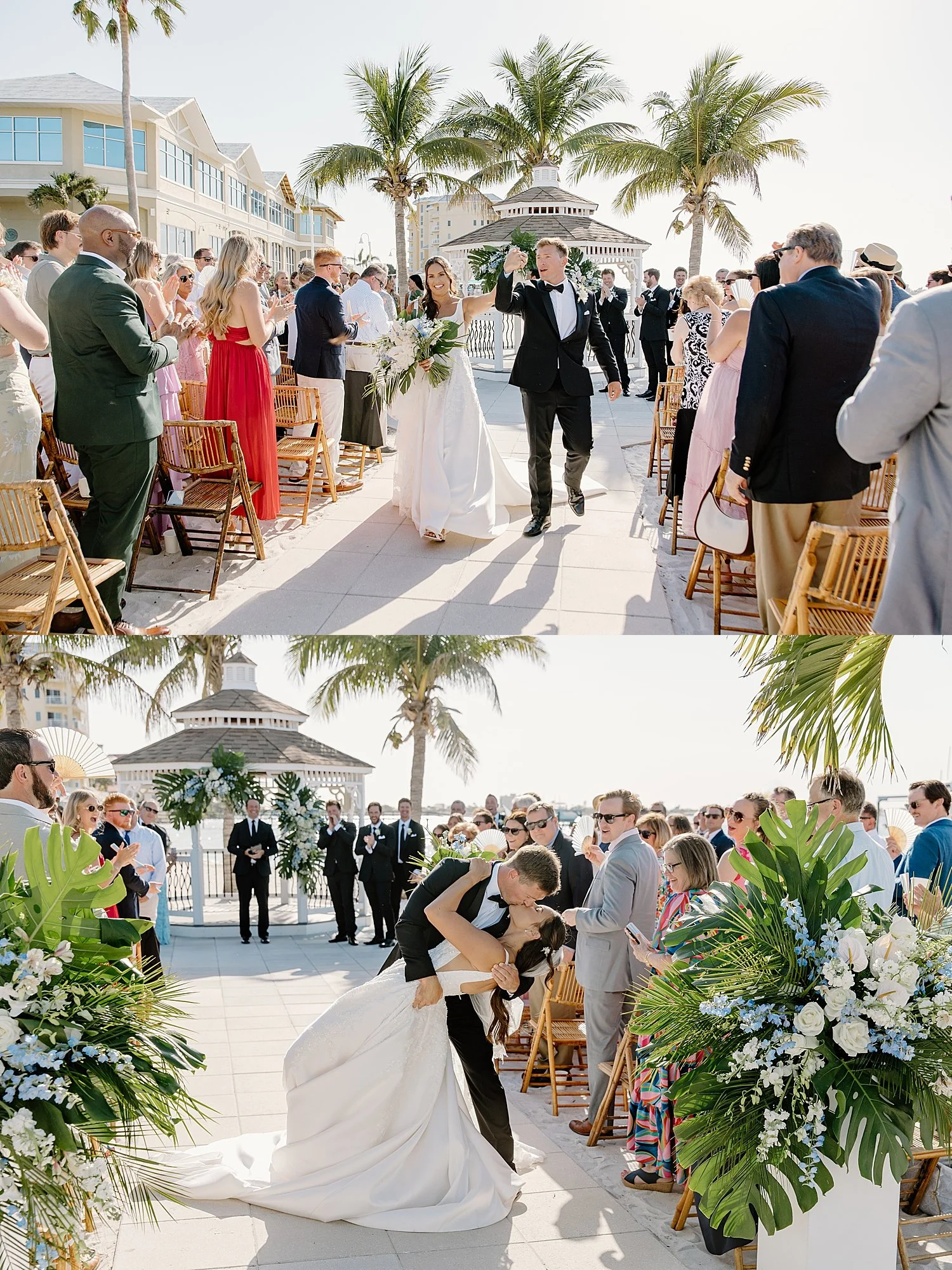 newlyweds share a dipped kiss at the end of the aisle by Florida Wedding Photographer