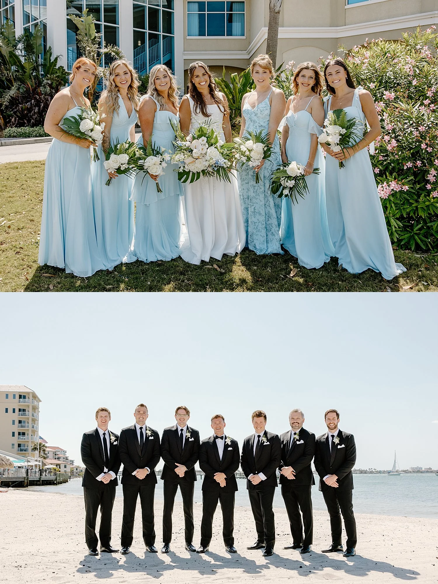 bridesmaids in baby blue and groomsmen in black suits in a line by Taylor Shea Photo