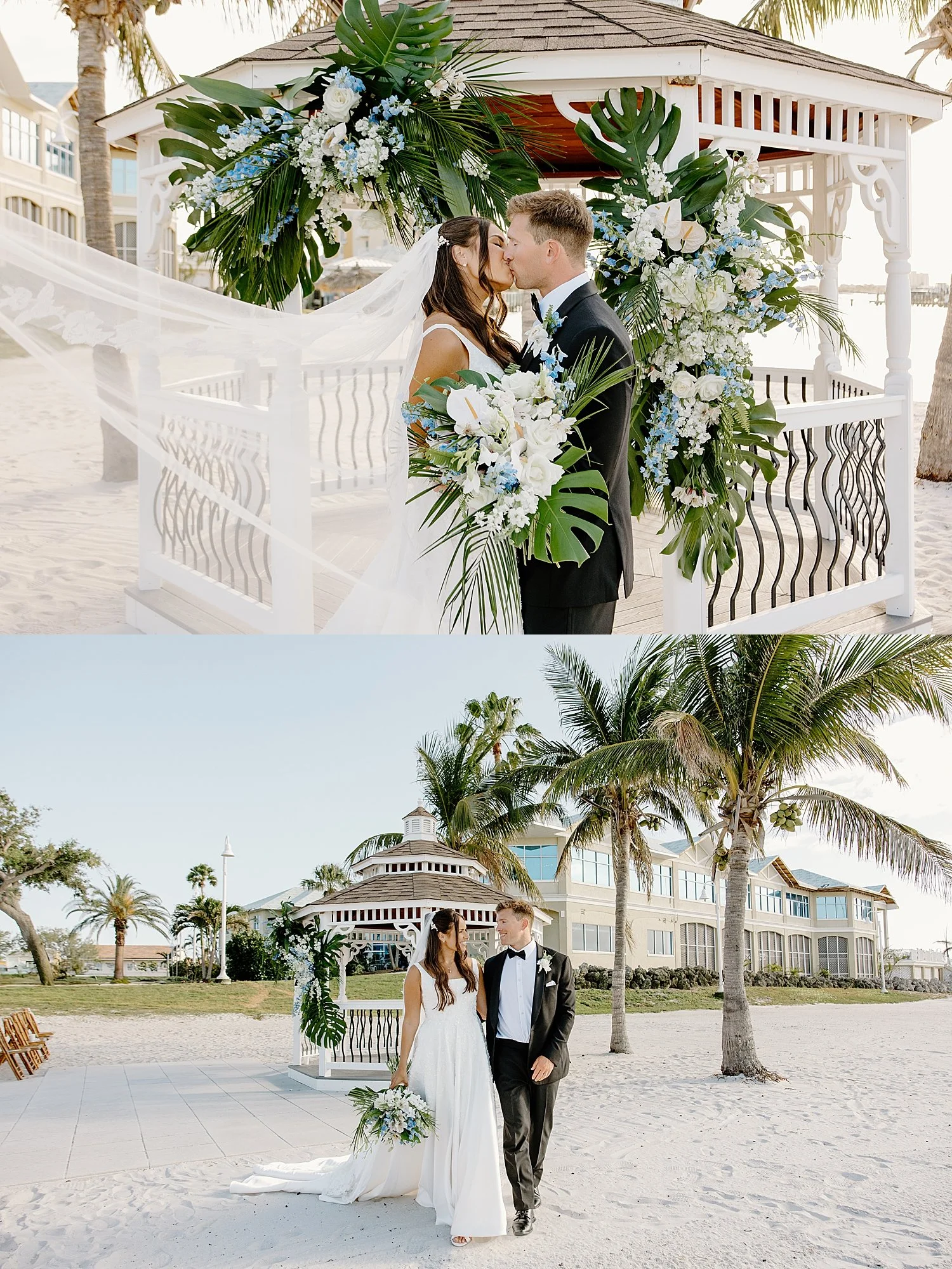 man and woman share a kiss behind tropical plants by Florida Wedding Photographer