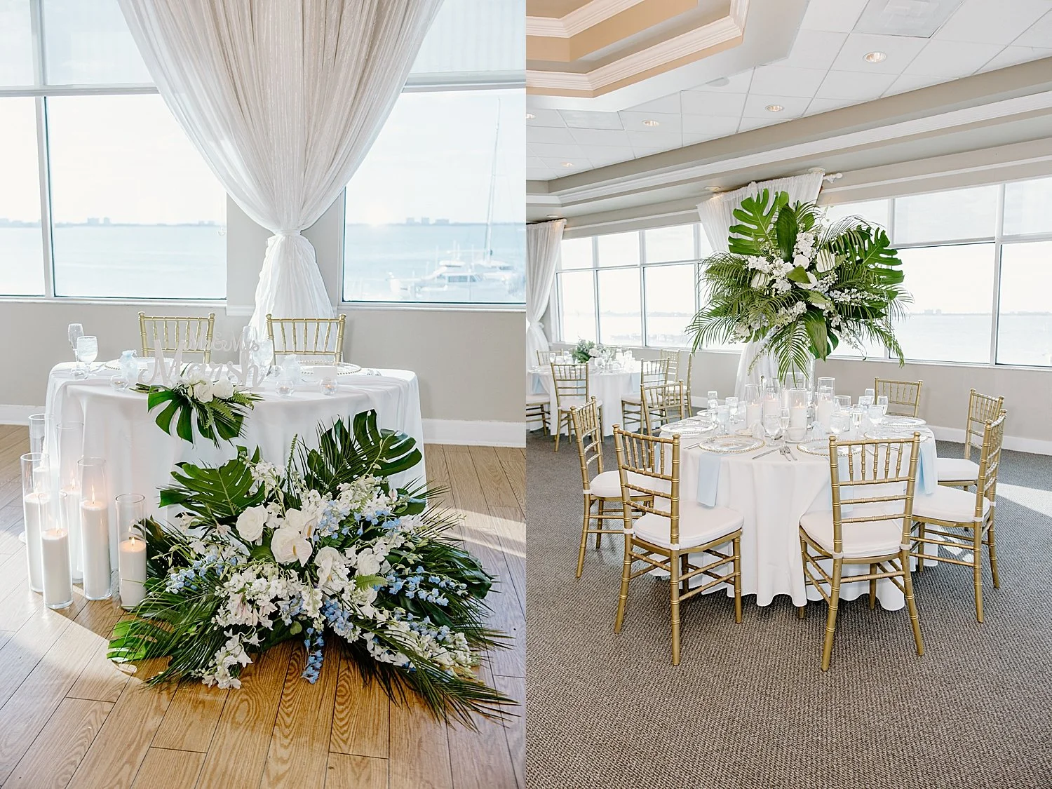 tropical, classic decor for reception in big room by Florida Wedding Photographer