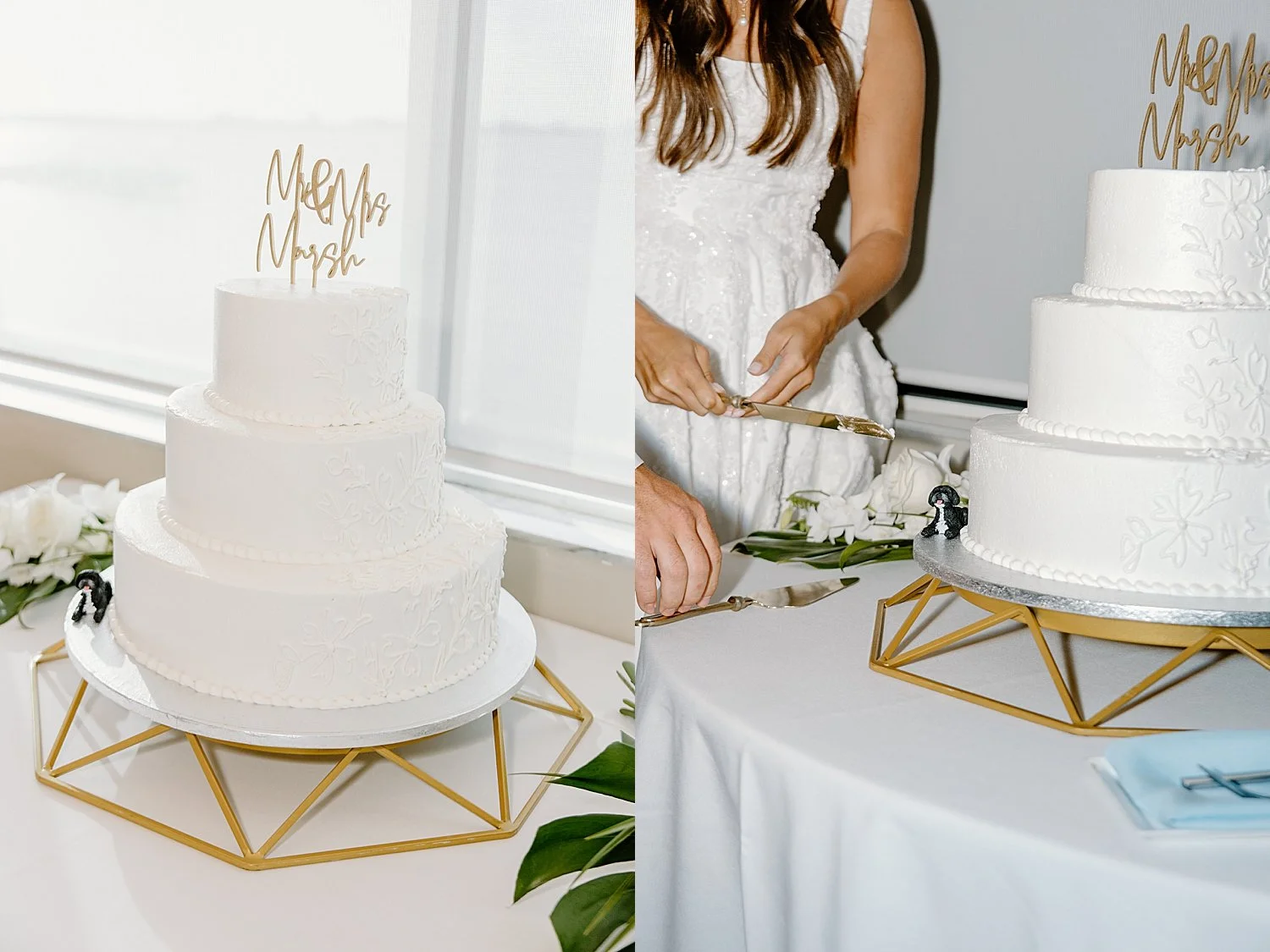 woman cutting her three tiered cake at Isla Del Sol Yacht and Country Club
