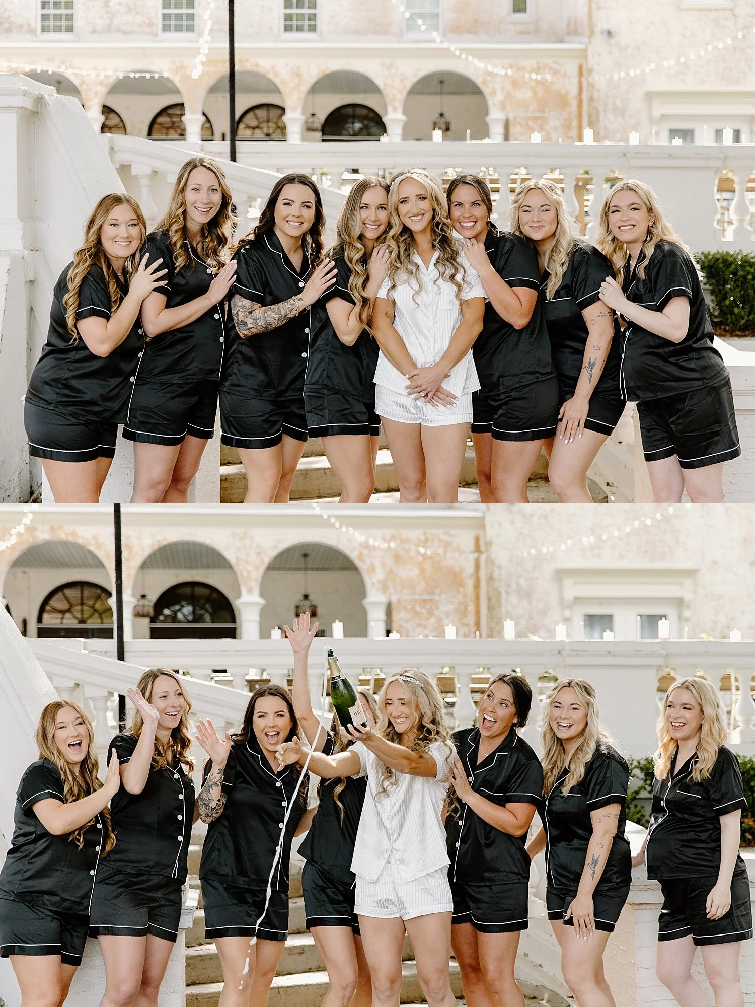  bridesmaids in black pajamas surround bride to be by Florida wedding photographer 