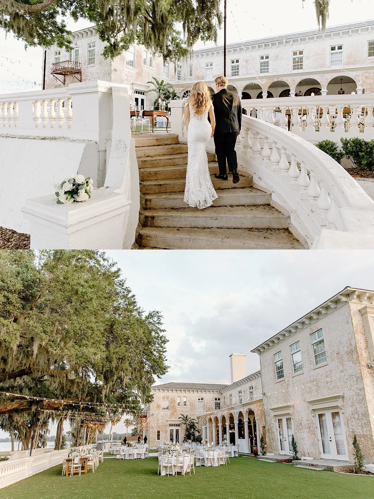  newlyweds ascend the massive steps of venue before reception by Florida wedding photographer 
