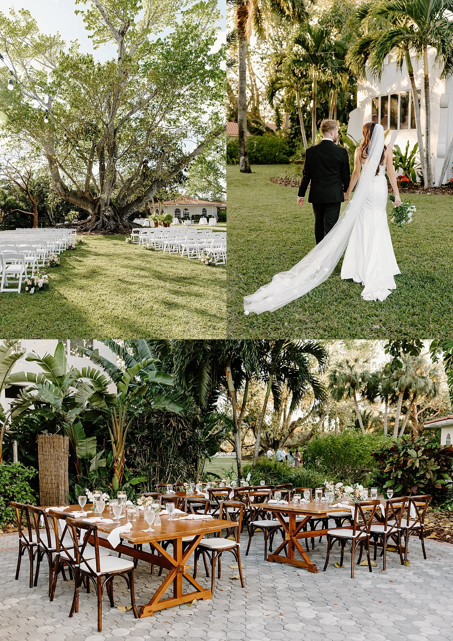  newlyweds walk across the lawn towards reception by Florida wedding photographer 