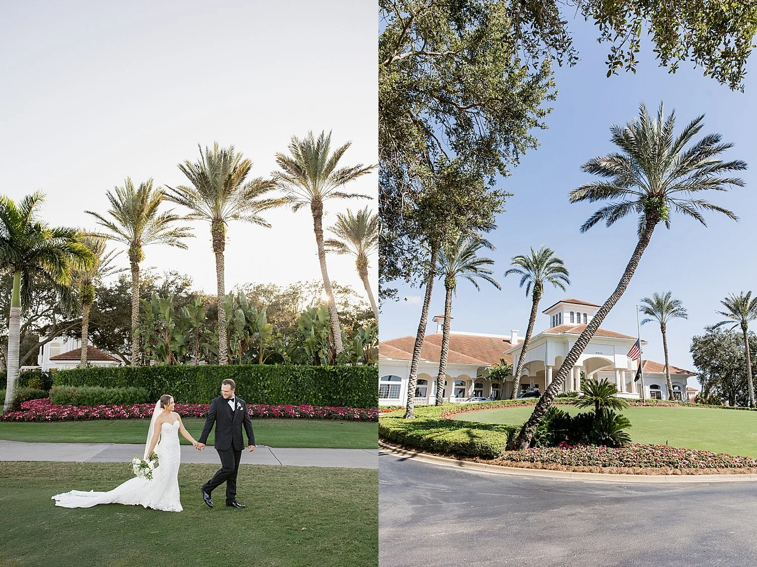  bride and groom walk under palm trees by Florida wedding photographer 