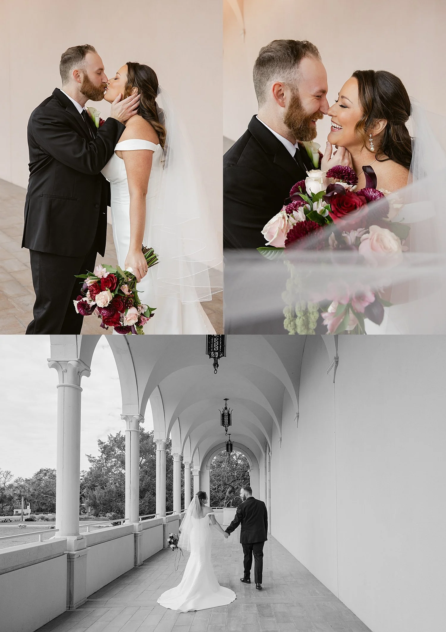  husband and wife share a kiss in the hallway at Ringling Museum by Florida wedding photographer 
