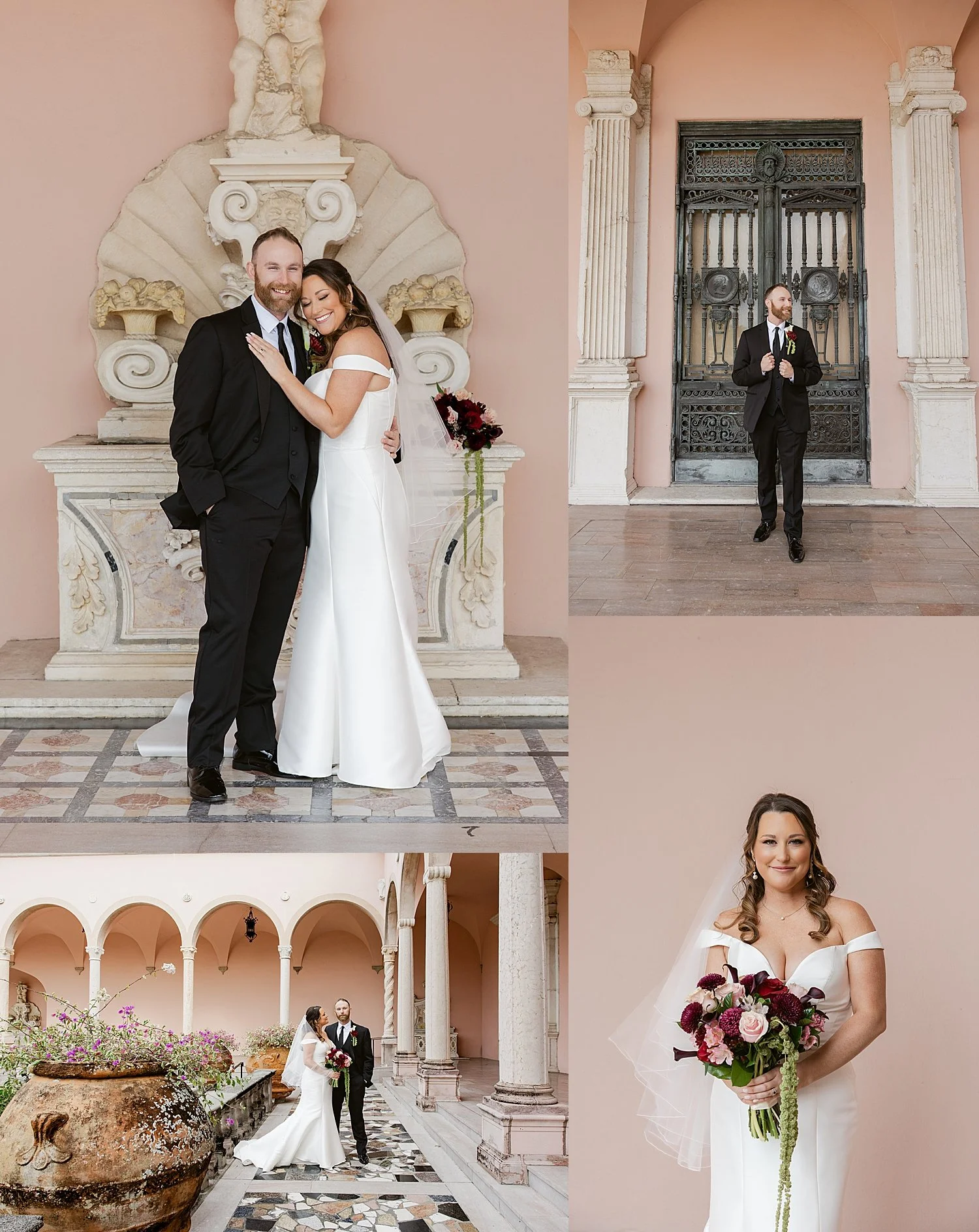  couple embraces in the courtyard of Ringling museum by Florida wedding photographer 