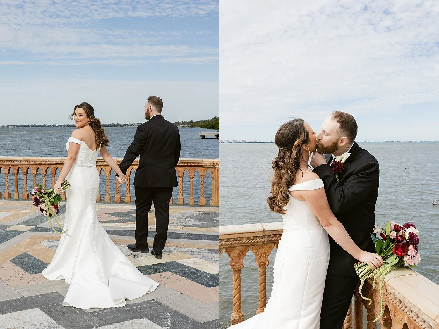  woman in bridal gown stands next to man looking over the water by Florida wedding photographer 