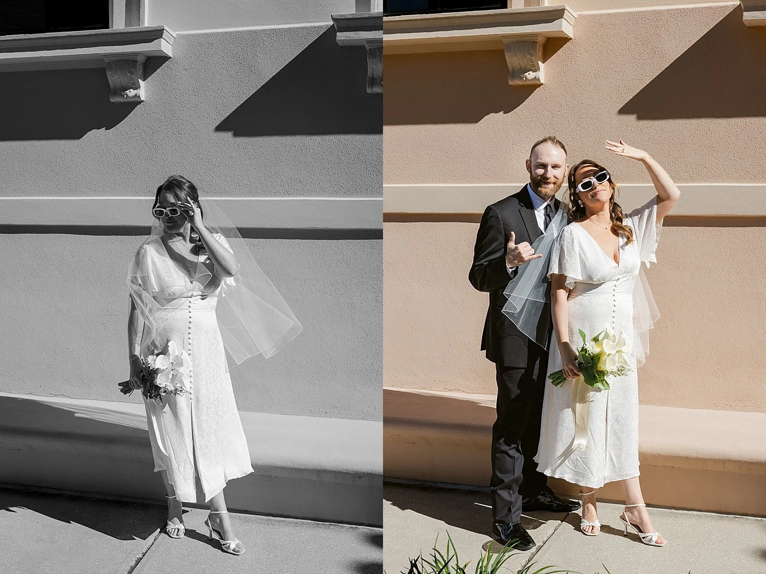  couple in sunglasses stand outside building on sidewalk by Florida wedding photographer 