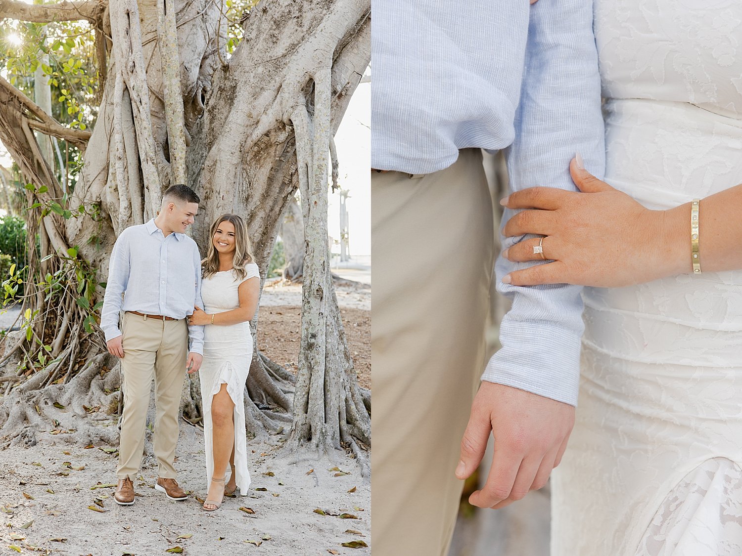  woman in white dress stands next to her husband-to-be with diamond ring on finger by Florida wedding photographer 