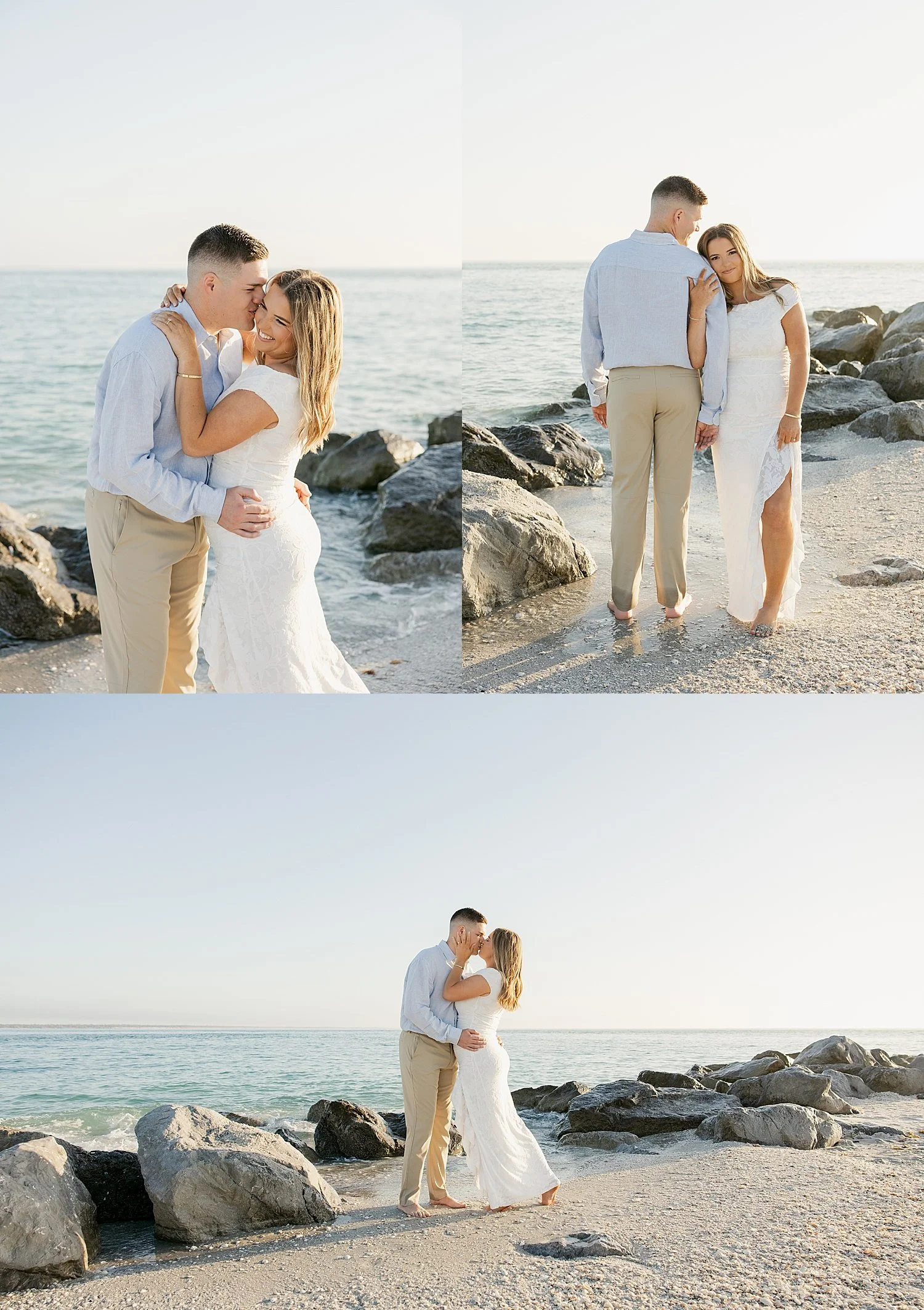  woman in long white dress hugs man in blue shirt on oceanside rocks by Taylor Shea Photo 