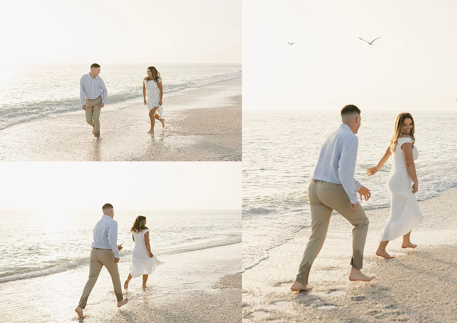  couple playfully runs and laughs next to the shore by Taylor Shea Photo 