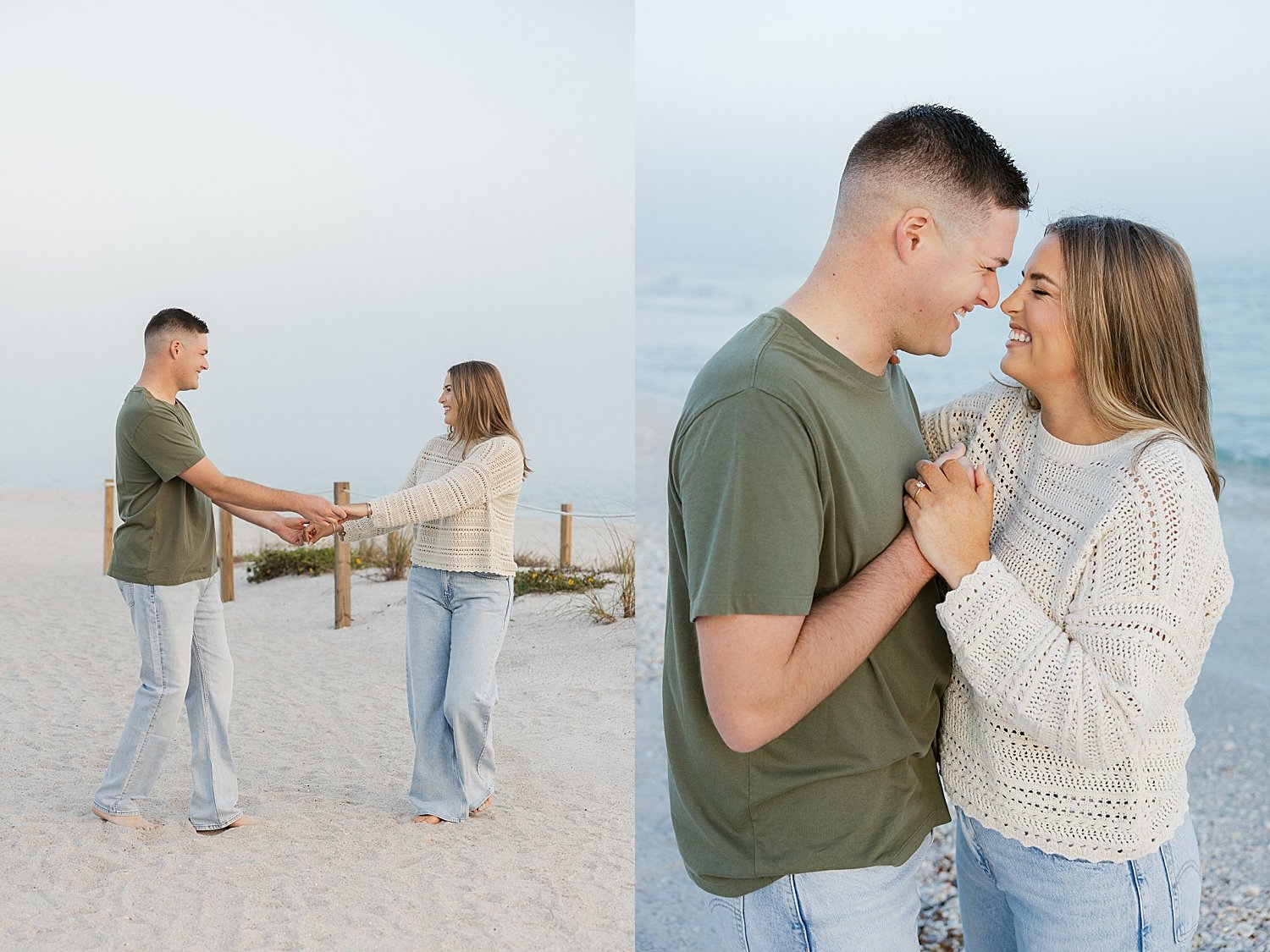  man in green shirt holds hands with woman in white shirt and denim next to ocean by Florida wedding photographer 